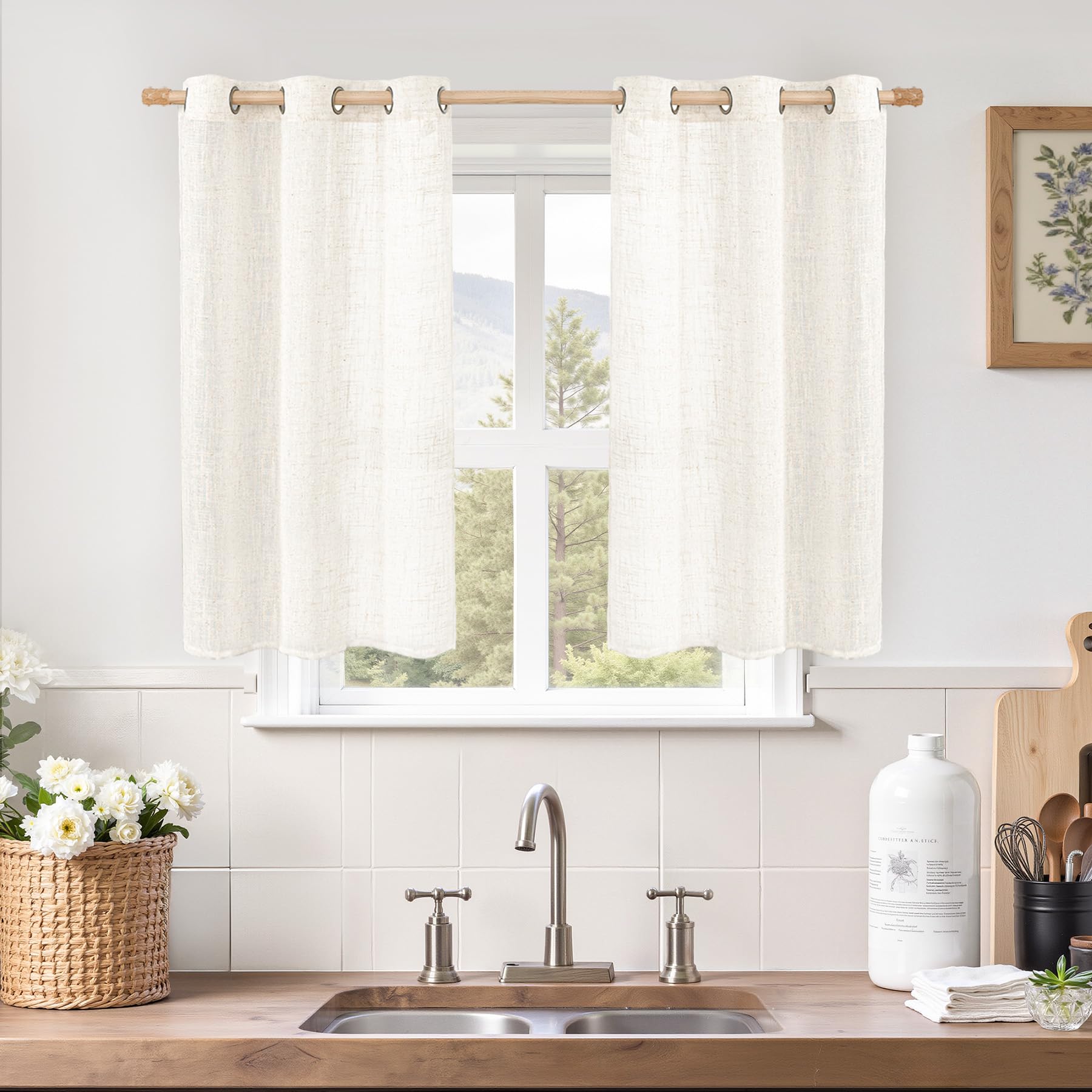 LAMIT Natural Cream Ivory Long Linen Curtains for Living Room, 108 inches Long Bronze Grommet Light Filtering Window Textured Neutral Sheer Drapes for Bedroom Farmhouse, 2 Panels, 52 x 108 Inch