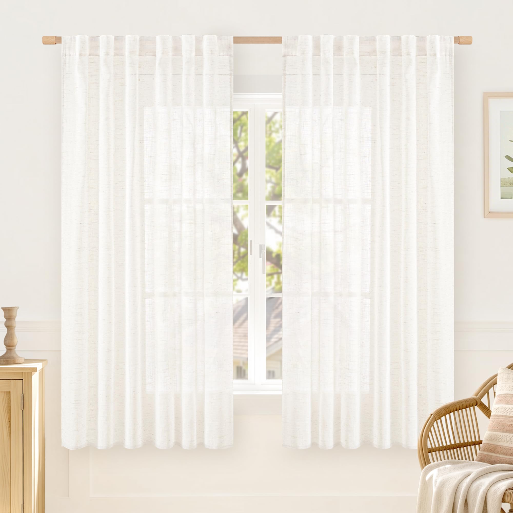 LAMIT Natural Linen Sheer Curtains 90 Inches Long 2 Panels, Long Light Filtering Window Treatments Back Tab and Rod Pocket Farmhouse Boho Panels for Living Room/Bedroom/Dining Room, 52 x 90 Inch