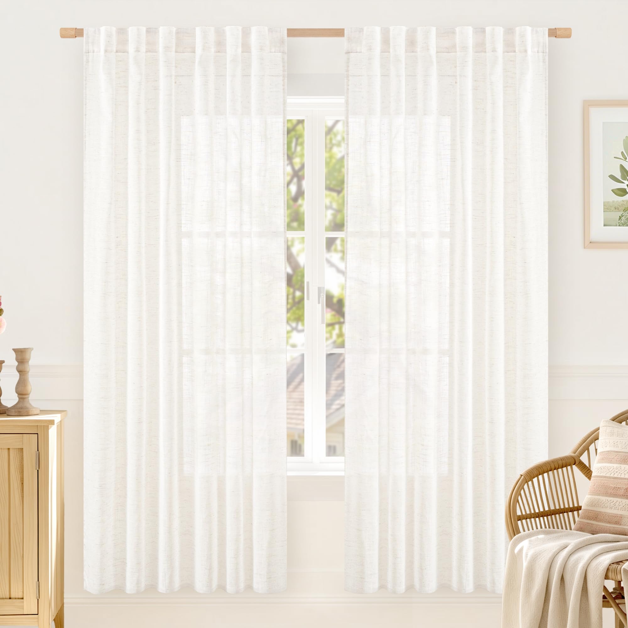 LAMIT Natural Linen Sheer Curtains 90 Inches Long 2 Panels, Long Light Filtering Window Treatments Back Tab and Rod Pocket Farmhouse Boho Panels for Living Room/Bedroom/Dining Room, 52 x 90 Inch