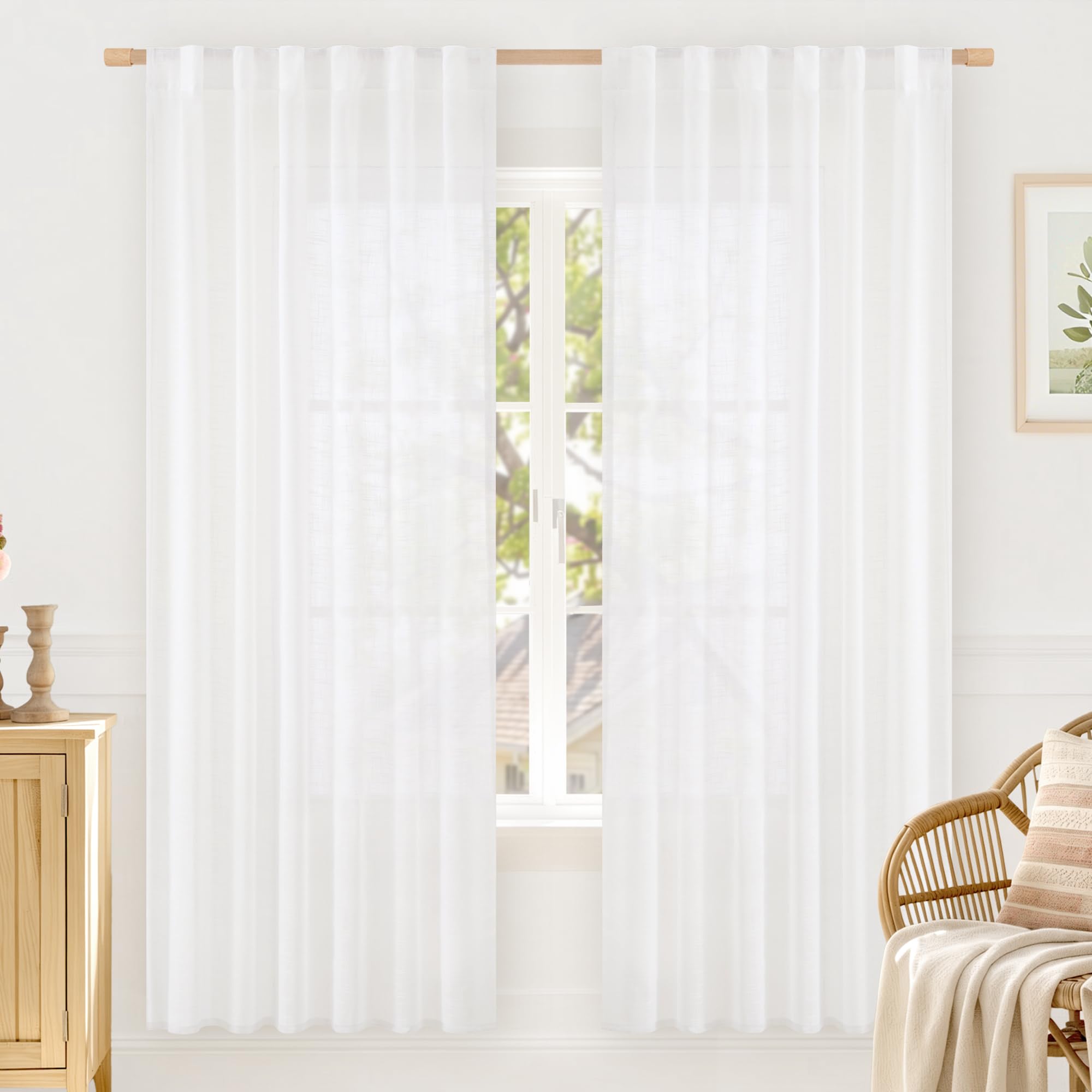 LAMIT Natural Linen Sheer Curtains 90 Inches Long 2 Panels, Long Light Filtering Window Treatments Back Tab and Rod Pocket Farmhouse Boho Panels for Living Room/Bedroom/Dining Room, 52 x 90 Inch
