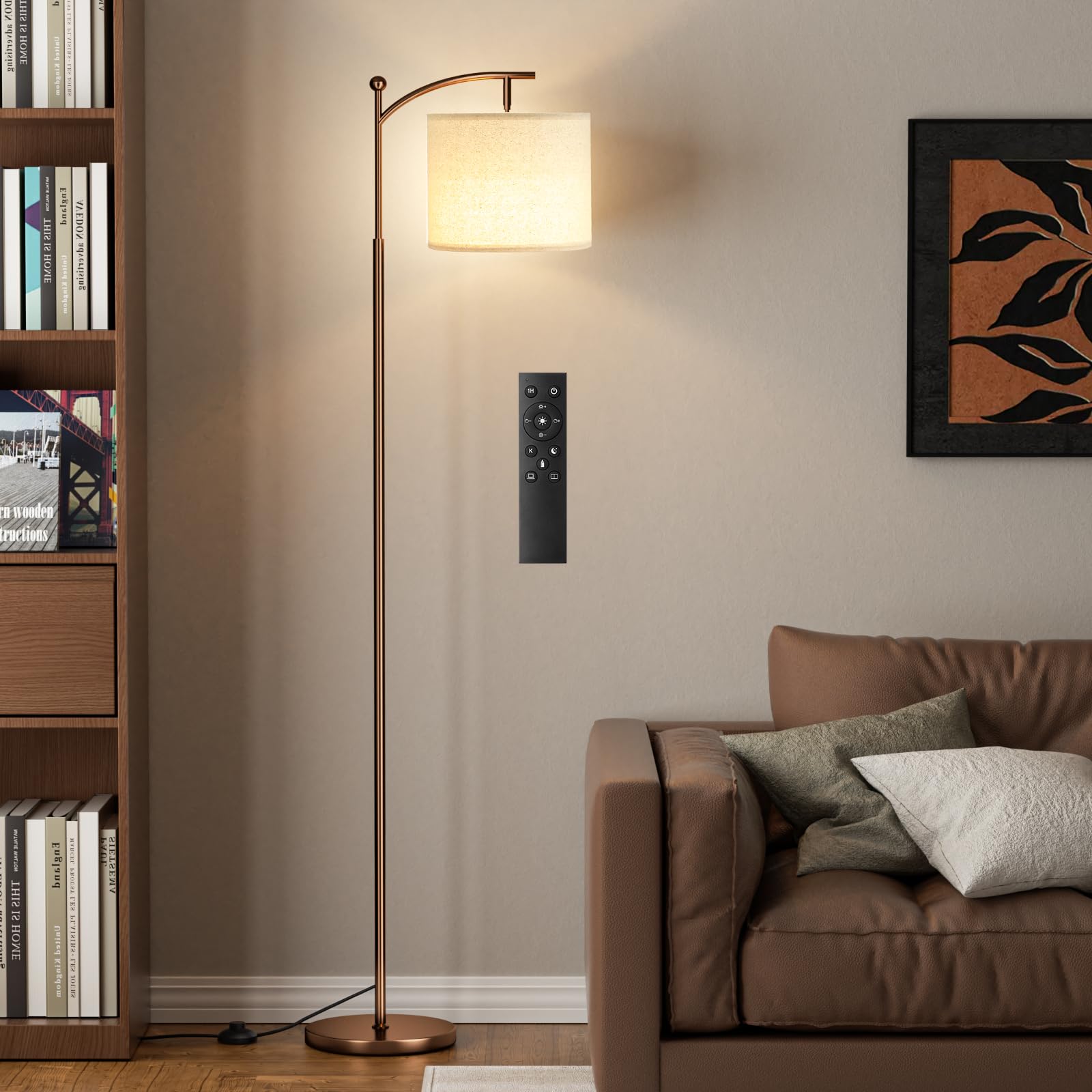 Ambimall 60" Floor Lamp with Remote Control and Stepless Dimmable Bulb, Colors Temperature & Brightness Adjustable, Modern Floor Lamps for Living Room（Beige Shade & Black Pole）