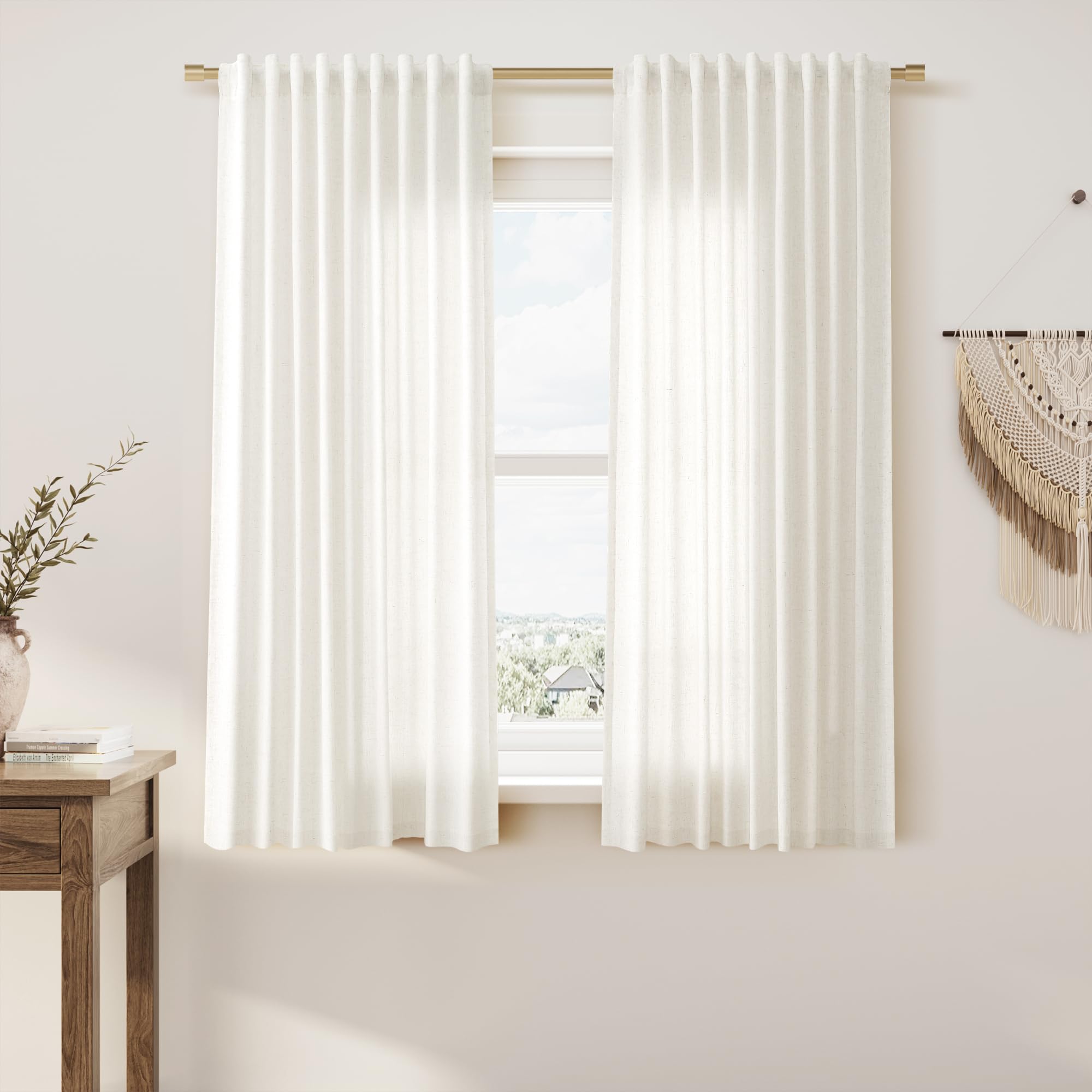 Nanspring Linen Curtains 80 Inches Long for Living Room Semi Sheer Light Filtering Curtain Back Tab Neutral Boho Modern Farmhouse Window Drapes for Bedroom 52x80 2 Panels Cream Ivory Beige Natural