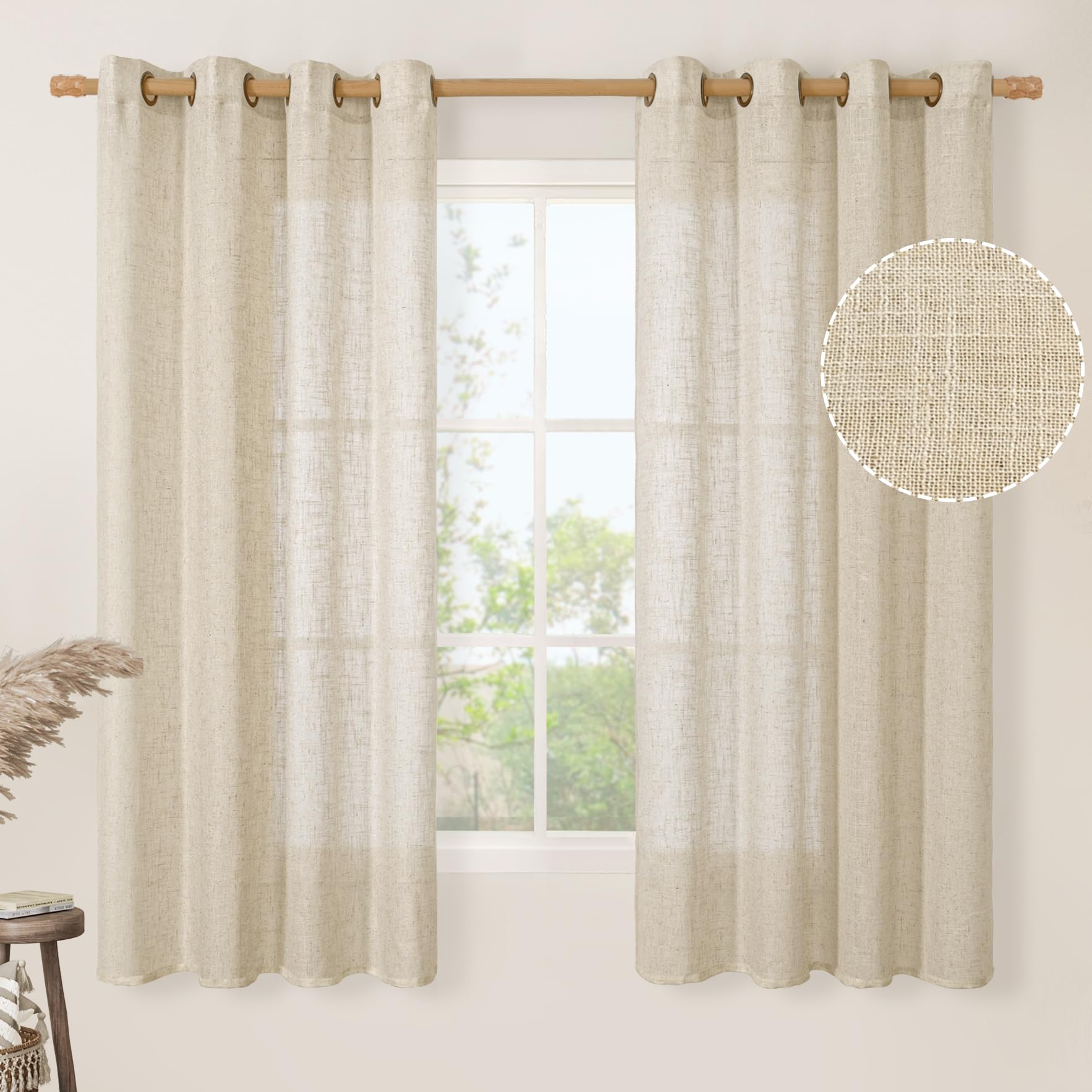 LAMIT Natural Cream Ivory Long Linen Curtains for Living Room, 108 inches Long Bronze Grommet Light Filtering Window Textured Neutral Sheer Drapes for Bedroom Farmhouse, 2 Panels, 52 x 108 Inch