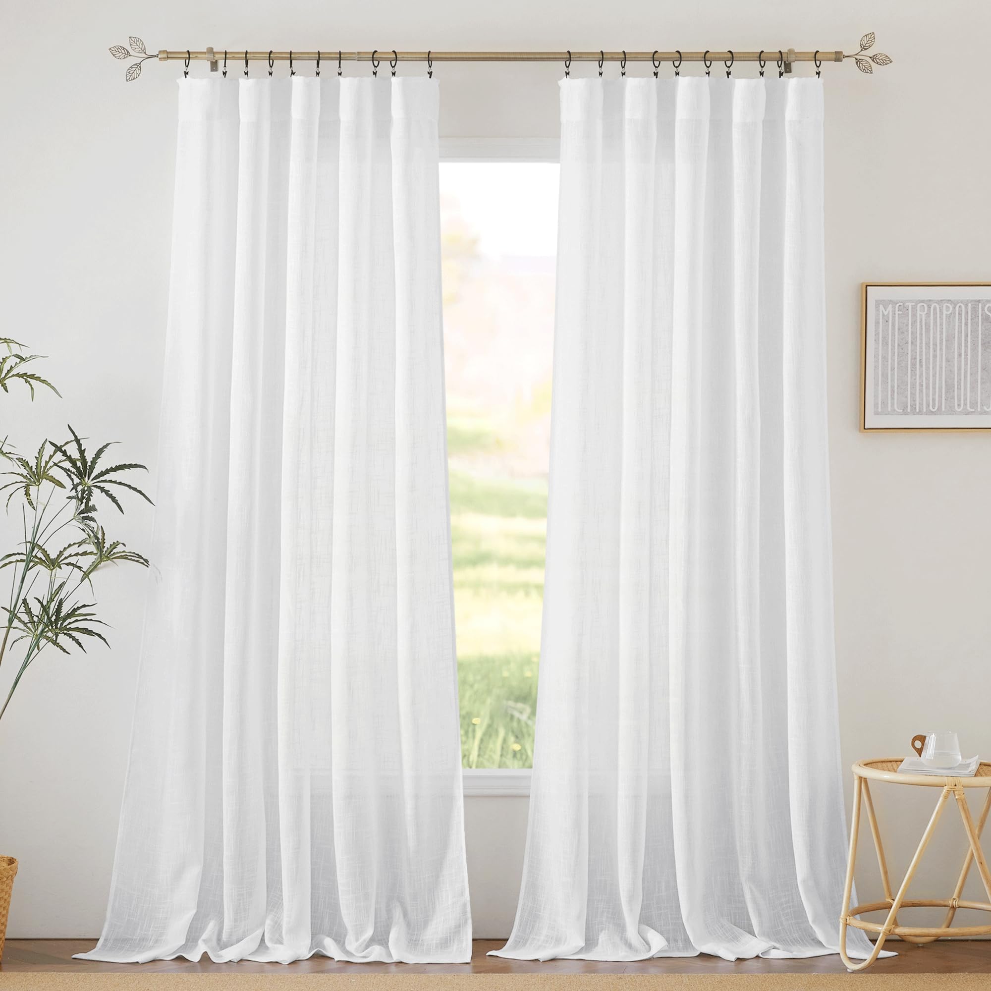 RYB HOME Semi Sheer Curtains 102 inches Long, Back Tab Light Filtration Half Privacy Window Curtains & Drapes for Bedroom Living Room, Linen, W 52 x L 102 inches, 2 Panels Set