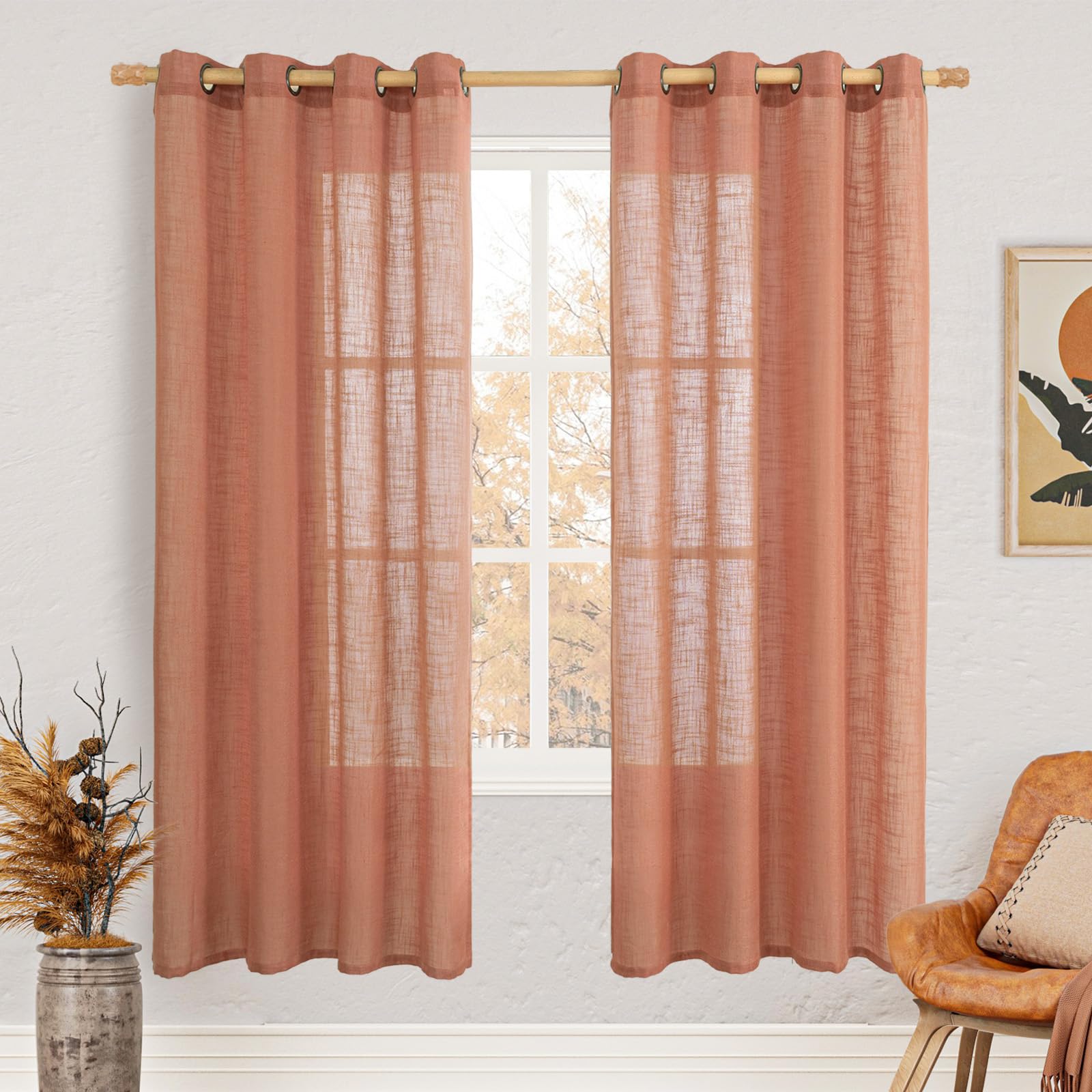 LAMIT Natural Cream Ivory Long Linen Curtains for Living Room, 108 inches Long Bronze Grommet Light Filtering Window Textured Neutral Sheer Drapes for Bedroom Farmhouse, 2 Panels, 52 x 108 Inch