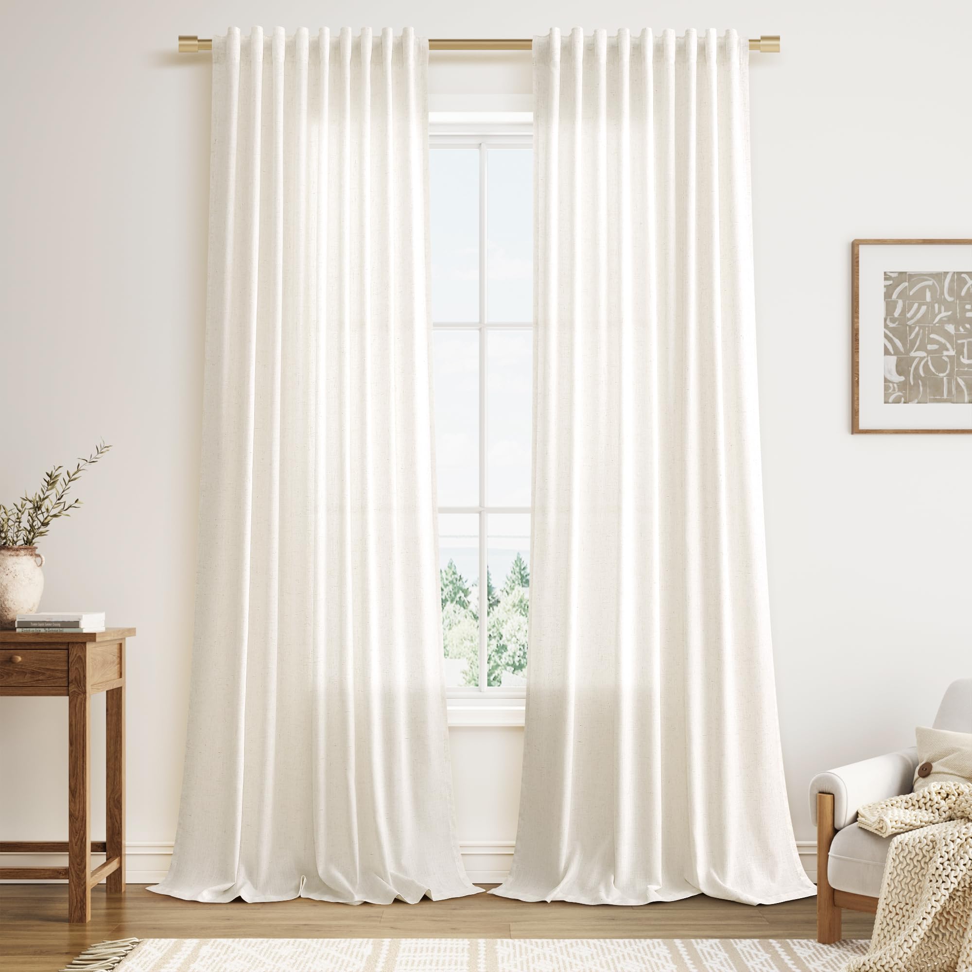 Nanspring Linen Curtains 80 Inches Long for Living Room Semi Sheer Light Filtering Curtain Back Tab Neutral Boho Modern Farmhouse Window Drapes for Bedroom 52x80 2 Panels Cream Ivory Beige Natural