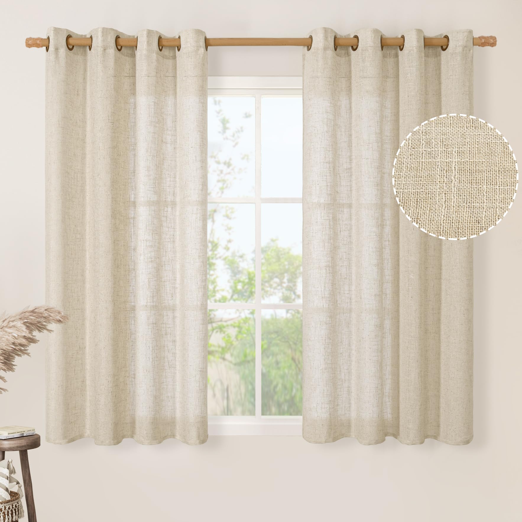 LAMIT Natural Cream Ivory Long Linen Curtains for Living Room, 108 inches Long Bronze Grommet Light Filtering Window Textured Neutral Sheer Drapes for Bedroom Farmhouse, 2 Panels, 52 x 108 Inch