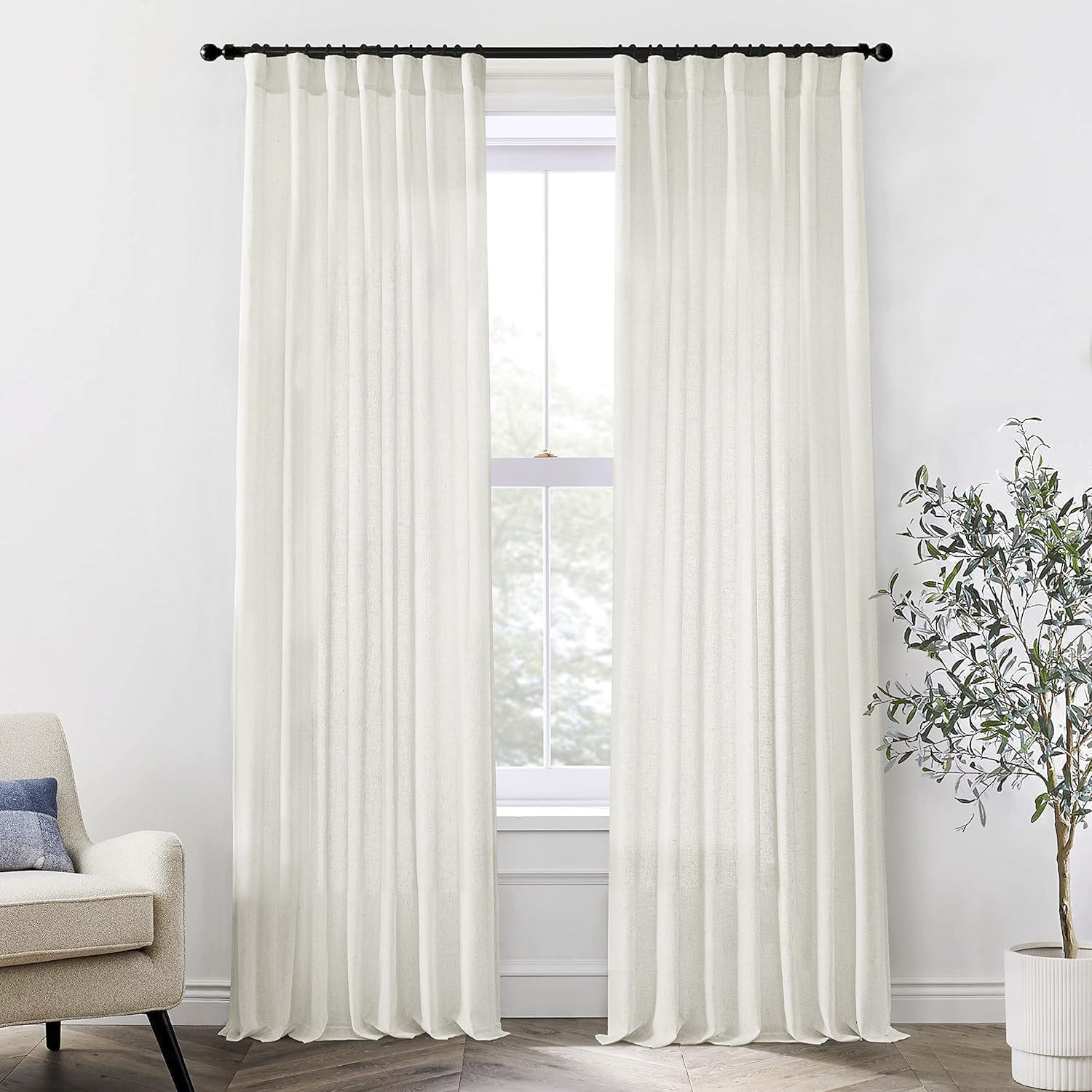 XTMYI 90 Inches Long Sheer Linen Curtains 2 Panels Set,Hook Tape Back Tab Semi Sheer Cotton Blend Fabric Modern Cottage Core Cottagecore Curtain Drapes for Living Room Bedroom,50x90 in Length