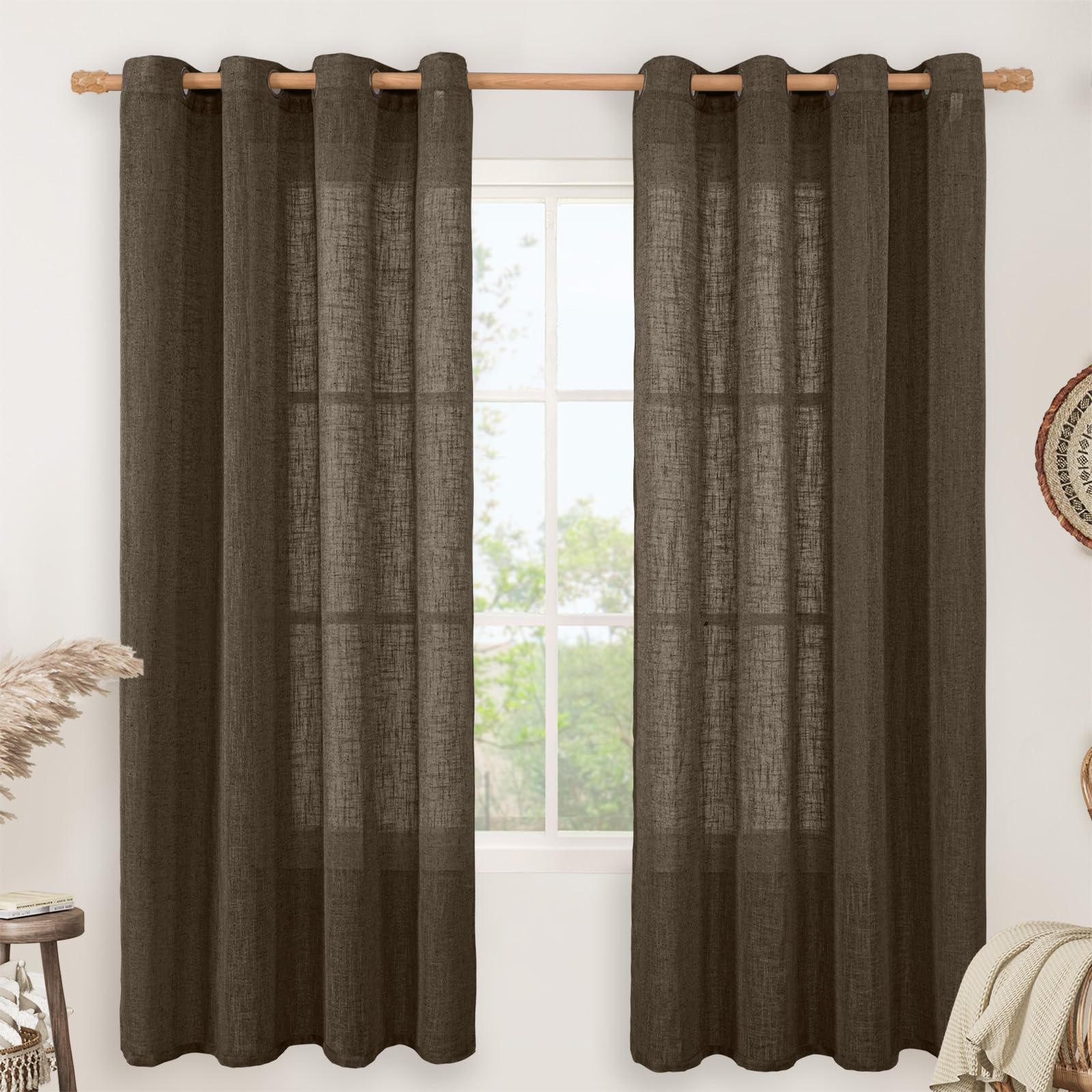 LAMIT Natural Cream Ivory Long Linen Curtains for Living Room, 108 inches Long Bronze Grommet Light Filtering Window Textured Neutral Sheer Drapes for Bedroom Farmhouse, 2 Panels, 52 x 108 Inch