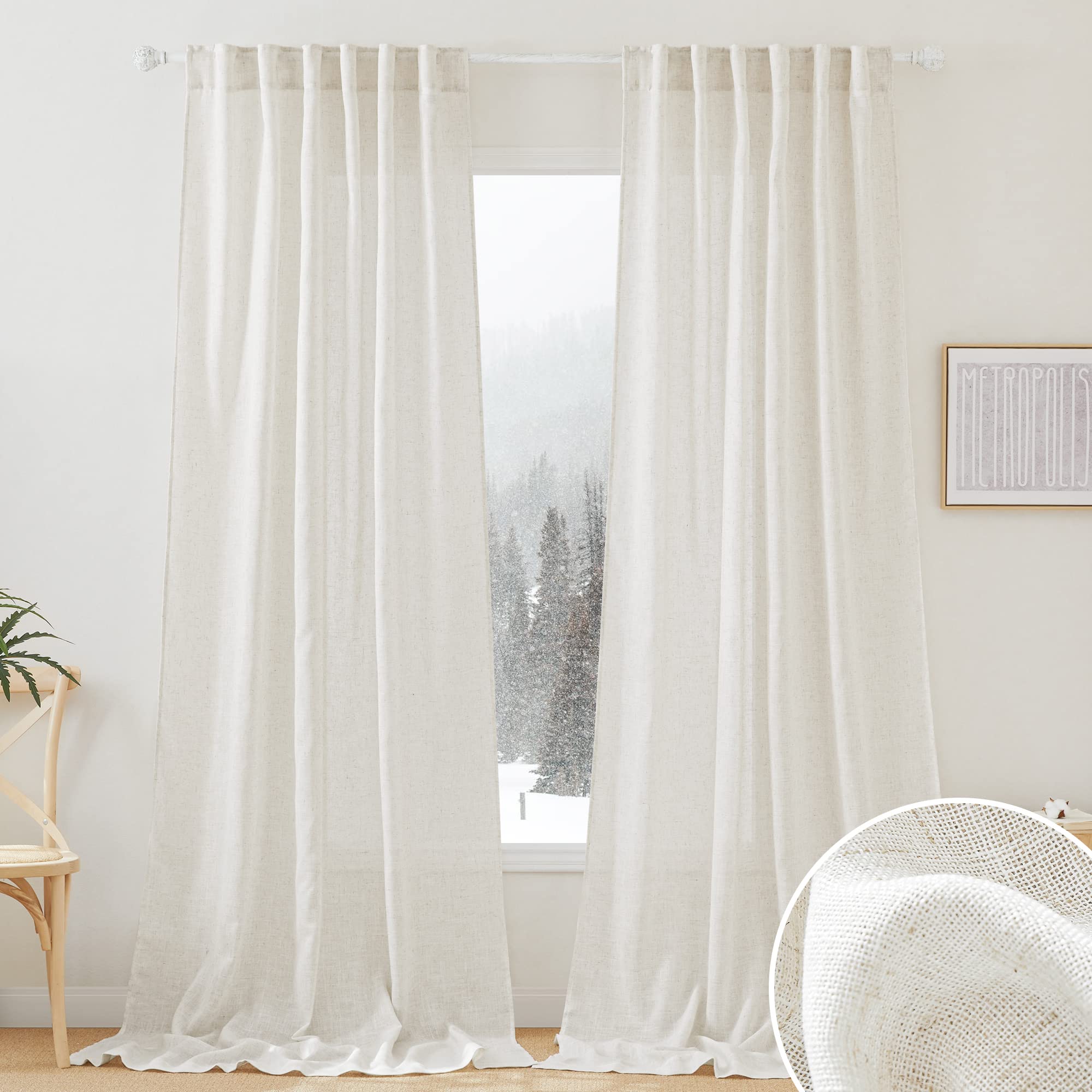 RYB HOME Semi Sheer Curtains 102 inches Long, Back Tab Light Filtration Half Privacy Window Curtains & Drapes for Bedroom Living Room, Linen, W 52 x L 102 inches, 2 Panels Set