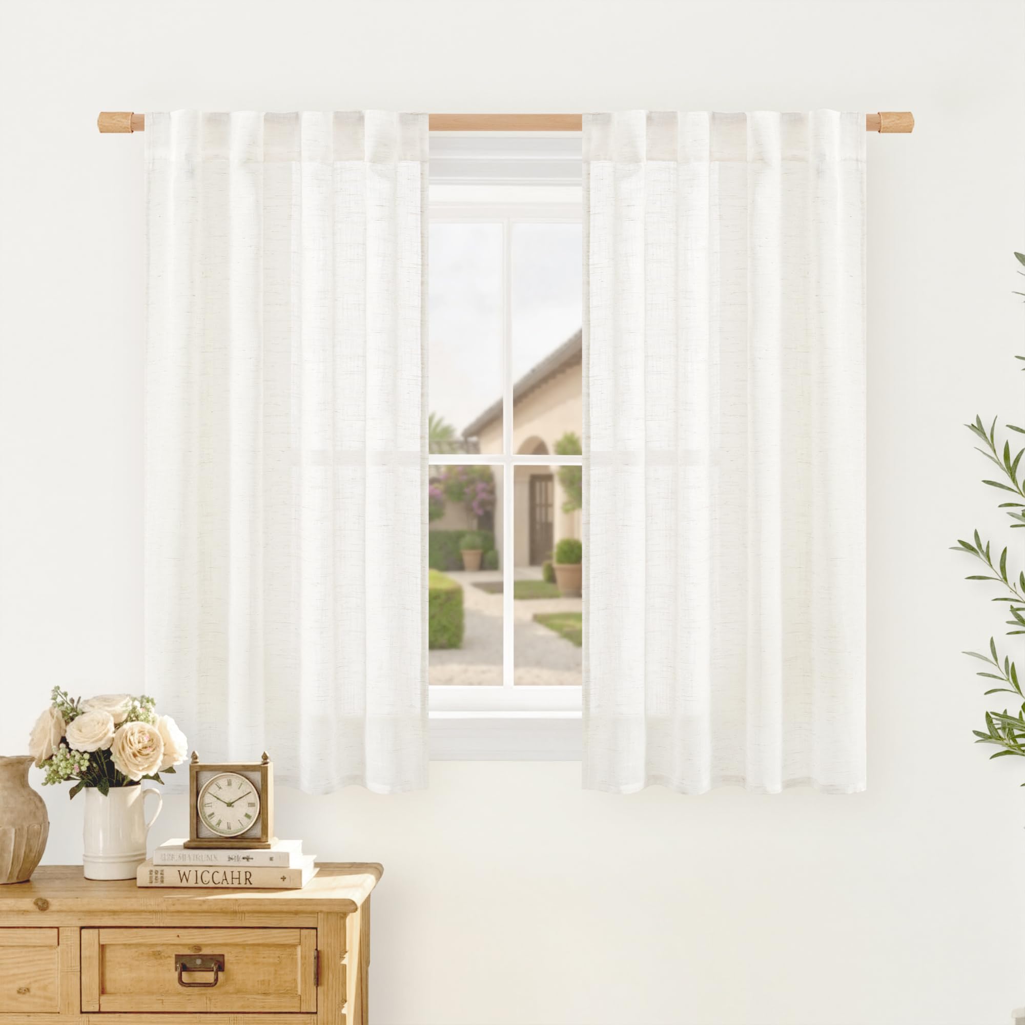 LAMIT Natural Linen Sheer Curtains 90 Inches Long 2 Panels, Long Light Filtering Window Treatments Back Tab and Rod Pocket Farmhouse Boho Panels for Living Room/Bedroom/Dining Room, 52 x 90 Inch