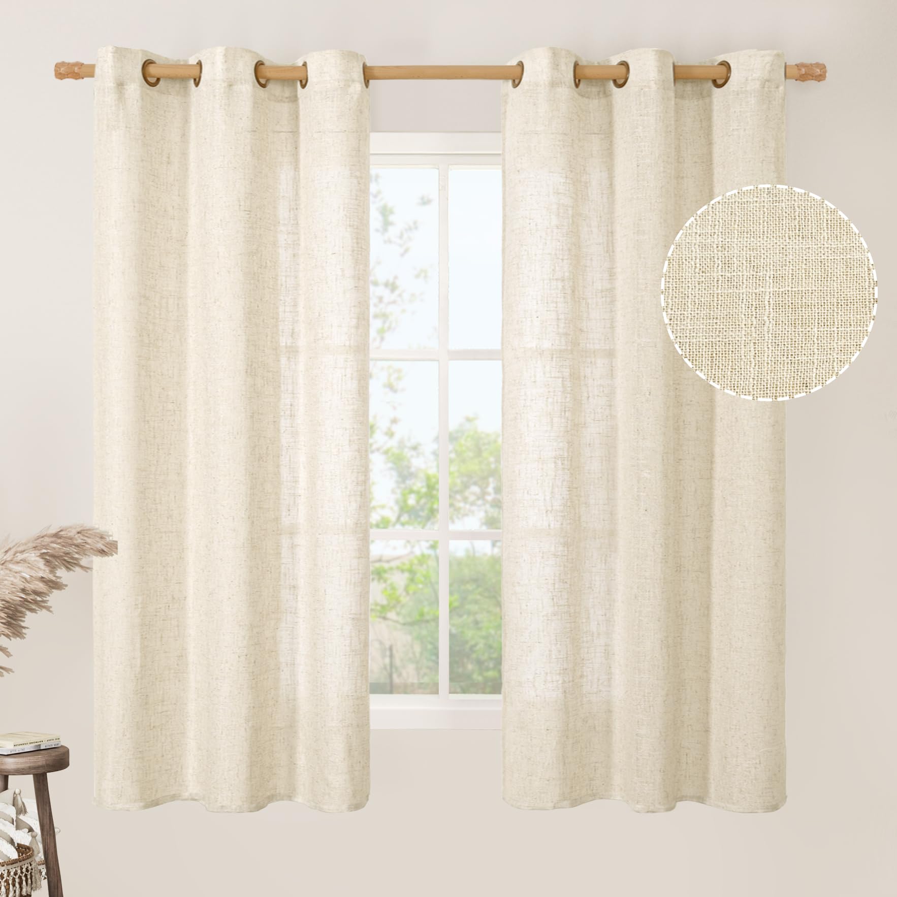 LAMIT Natural Cream Ivory Long Linen Curtains for Living Room, 108 inches Long Bronze Grommet Light Filtering Window Textured Neutral Sheer Drapes for Bedroom Farmhouse, 2 Panels, 52 x 108 Inch