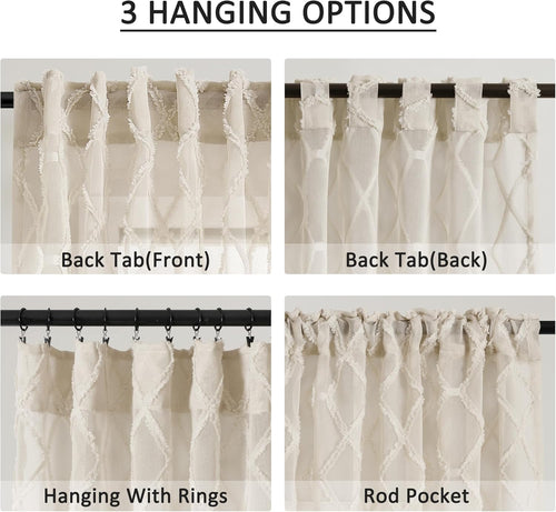 108" Beige Linen Sheer Curtains, 2 Panels, Tuft Pattern for Living Room & Bedroom