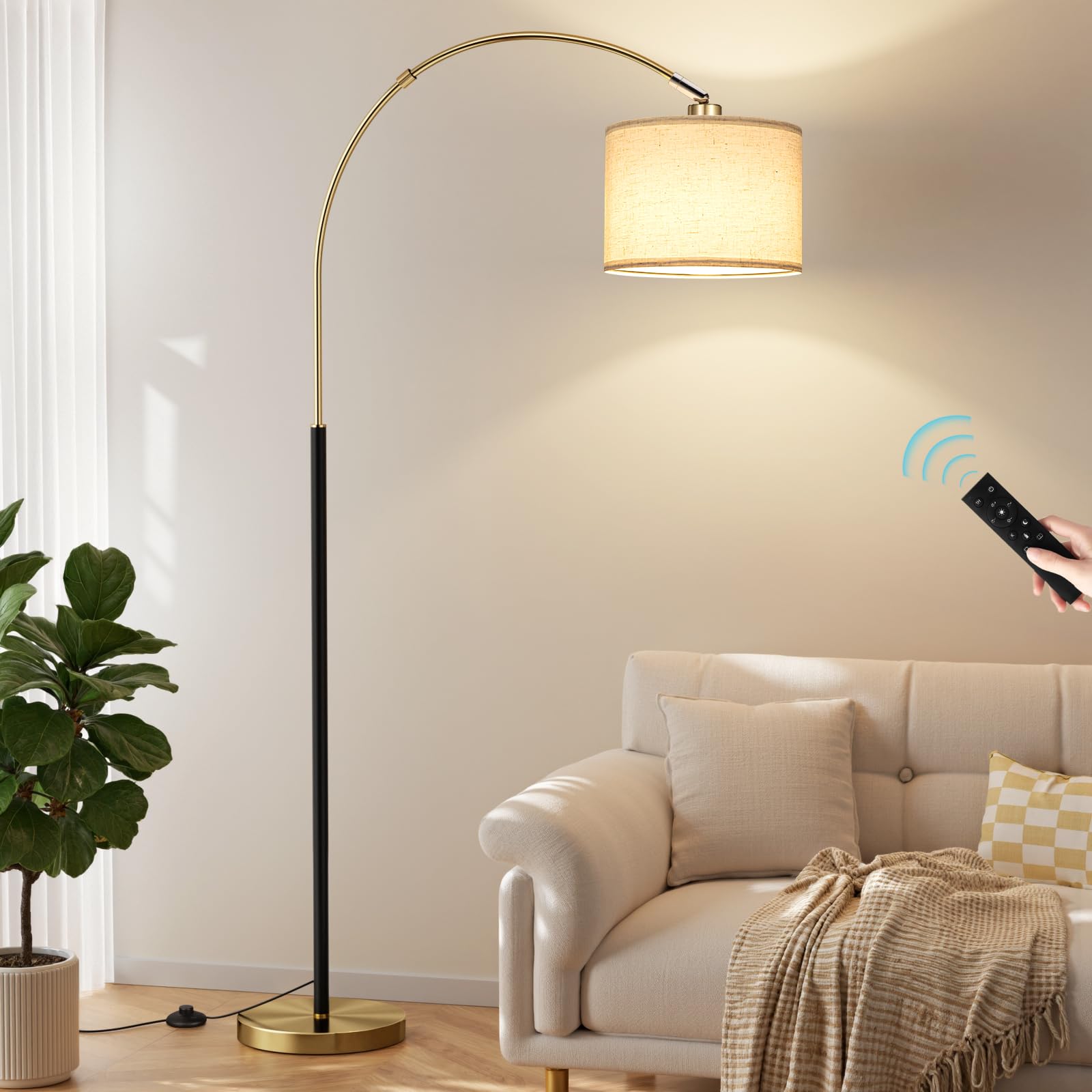 Ambimall 70 Dimmable Arc Floor Lamp with Remote, Color Temperatures and Brightness Adjustable, Arched Floor Lamp with Rotating Head, Over Couch Arched Light for Living Room (Deep Beige and Black)