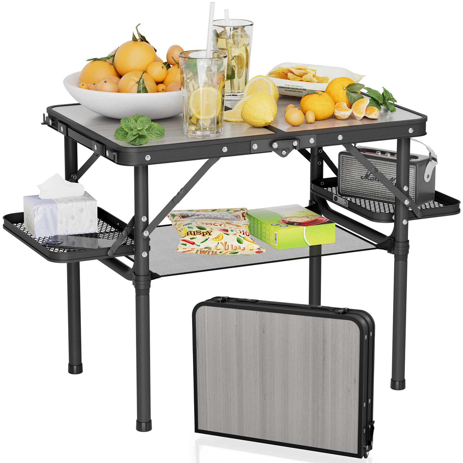 Titanker Small Camping Table Foldable 2ft, Folding Picnic Table with Side Racks & Net, Folding Camp Table Portable Beach Table, Car Camping Essentials, Sturdy Light Aluminum, Gift for Father Husband