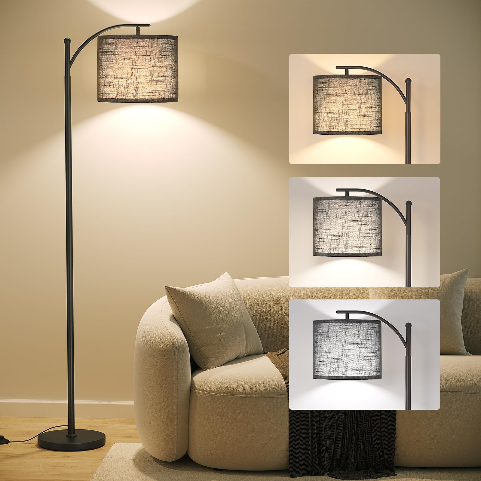 SUNMORY Arc Floor Lamp,Modern Floor Lamp with 3 Color Temperatures Bulb,Metal Standing Lamps with Adjustable Hanging Lampshade,Tall Floor Lamps for Living Room (Black)