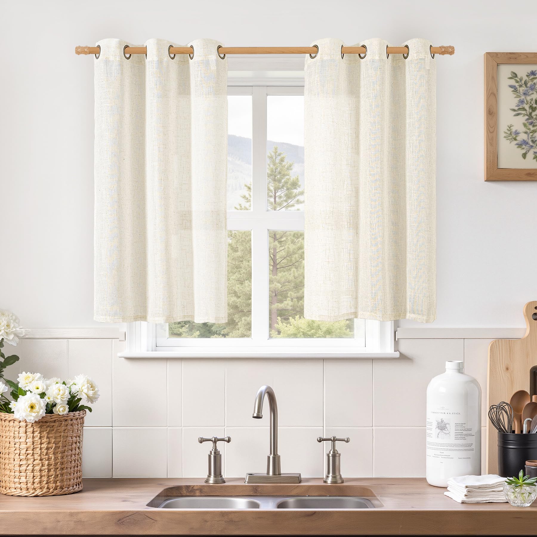 LAMIT Natural Cream Ivory Long Linen Curtains for Living Room, 108 inches Long Bronze Grommet Light Filtering Window Textured Neutral Sheer Drapes for Bedroom Farmhouse, 2 Panels, 52 x 108 Inch