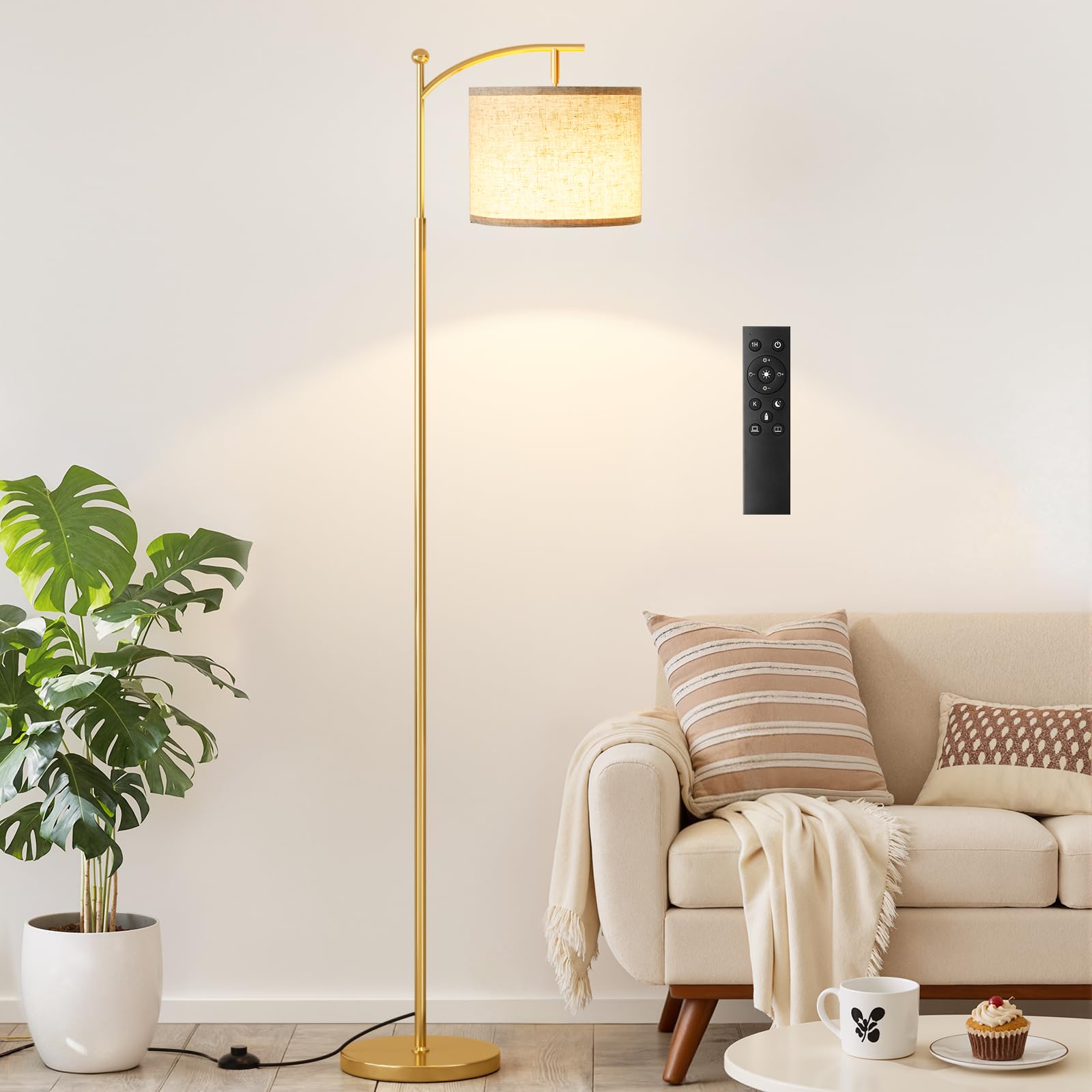 Ambimall 60" Floor Lamp with Remote Control and Stepless Dimmable Bulb, Colors Temperature & Brightness Adjustable, Modern Floor Lamps for Living Room（Beige Shade & Black Pole）