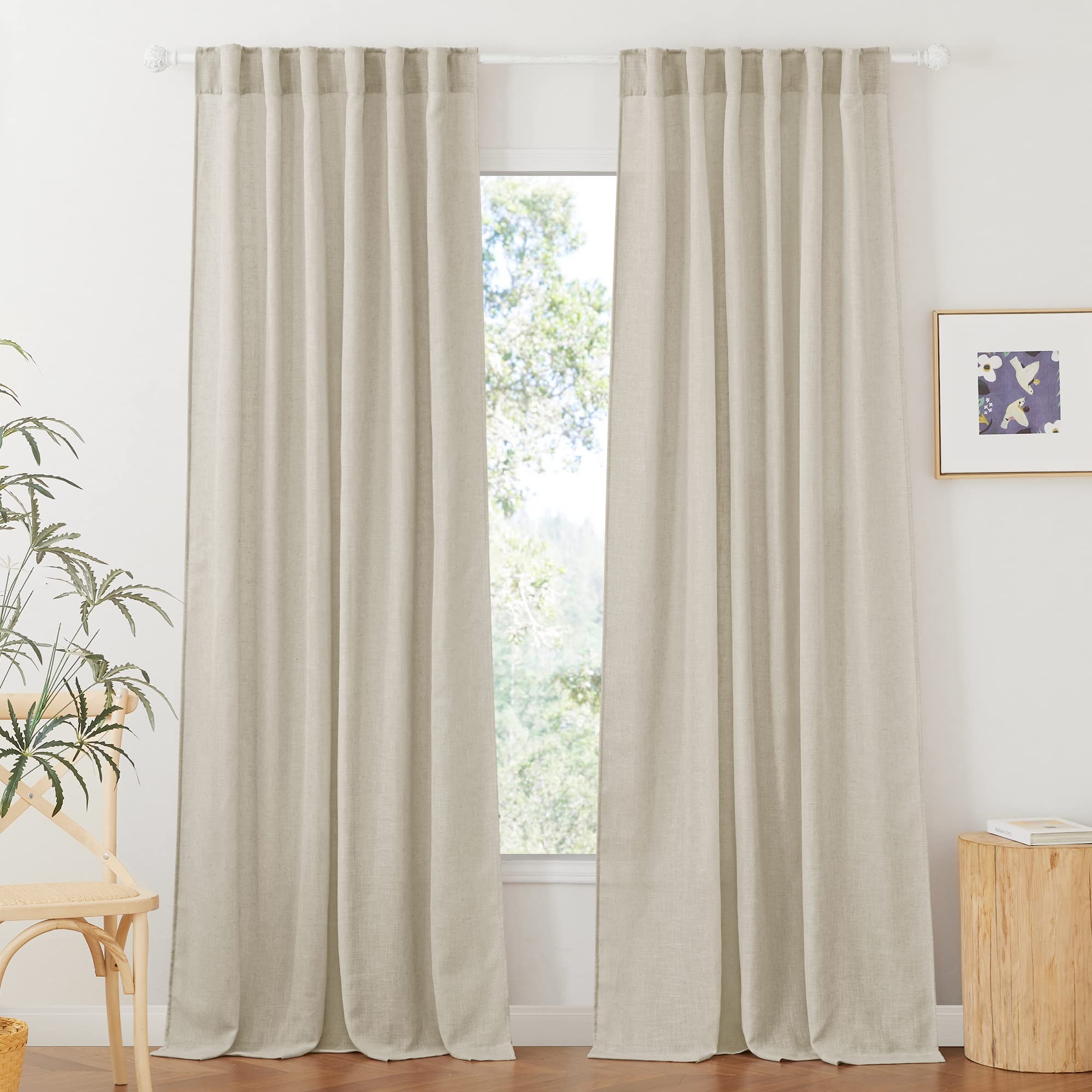 RYB HOME Semi Sheer Curtains 102 inches Long, Back Tab Light Filtration Half Privacy Window Curtains & Drapes for Bedroom Living Room, Linen, W 52 x L 102 inches, 2 Panels Set