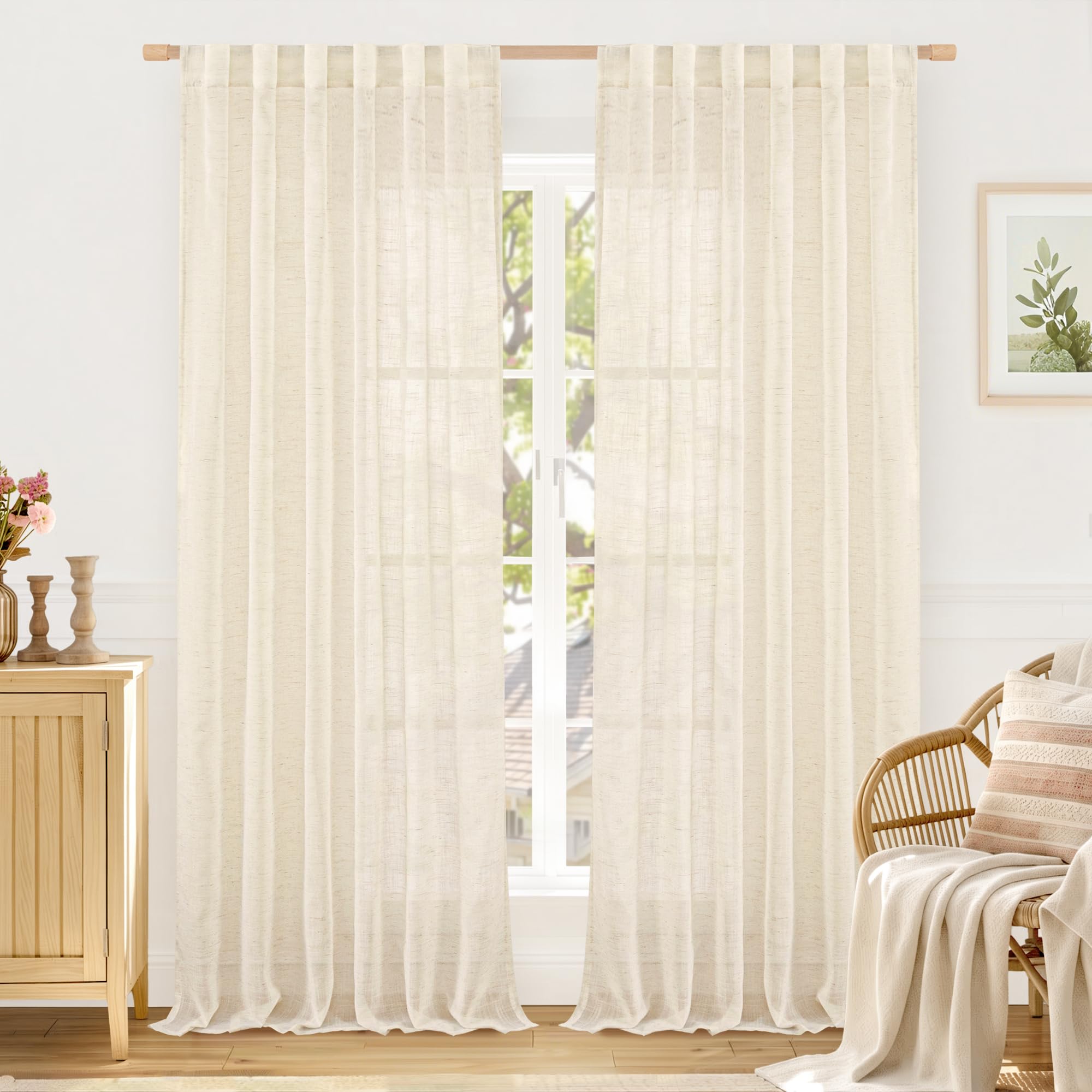 LAMIT Natural Linen Sheer Curtains 90 Inches Long 2 Panels, Long Light Filtering Window Treatments Back Tab and Rod Pocket Farmhouse Boho Panels for Living Room/Bedroom/Dining Room, 52 x 90 Inch