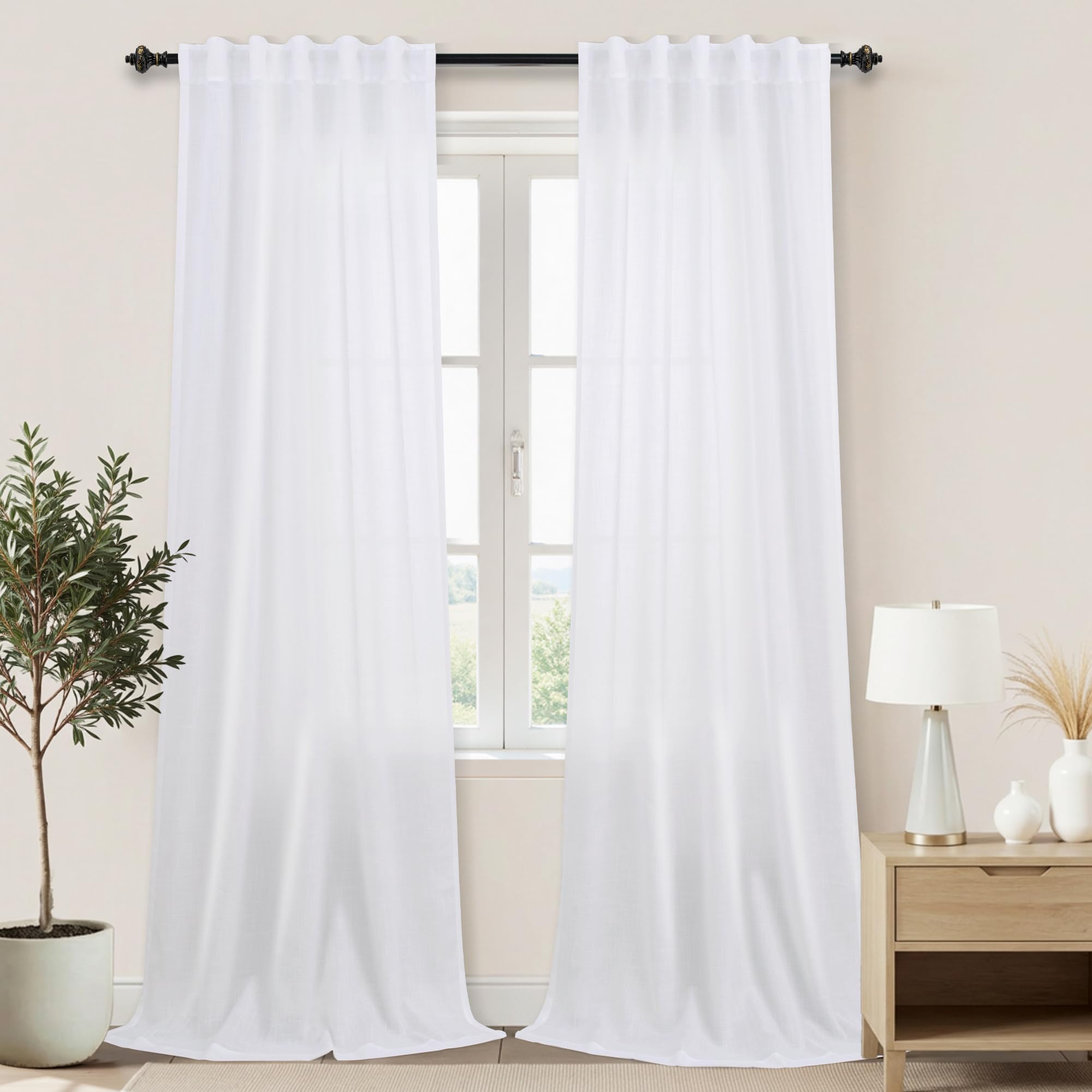 KOUFALL 92 Inch Curtains for Living Room 2 Panels Set,Light Filtering Farmhouse Boho Linen Semi Sheer Curtain Drapes 92 Inches Long for Bedroom,Cream Ivory