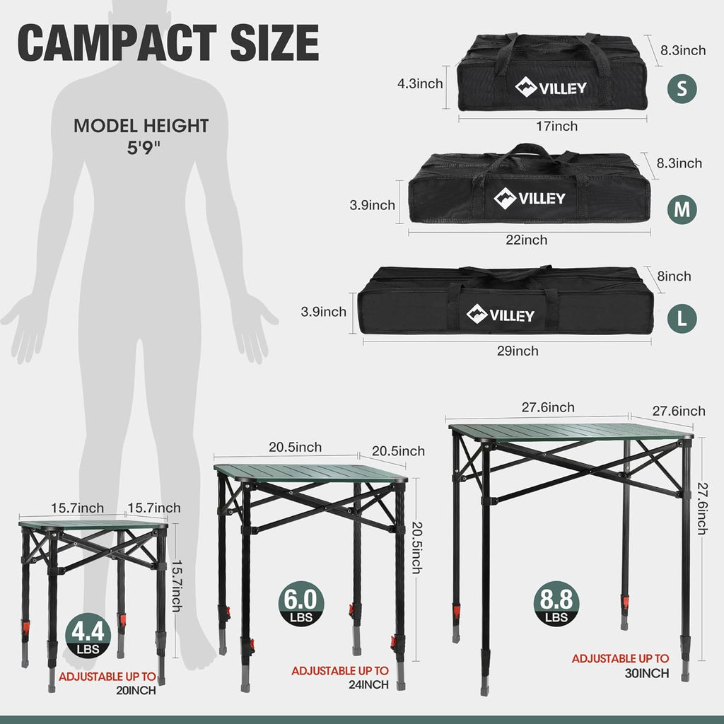 VILLEY Folding Camping Square Table with Carry Bag, Lightweight Aluminum Adjustable Square Table for Outdoor, Camping, Picnic, Backyards, BBQ, Small