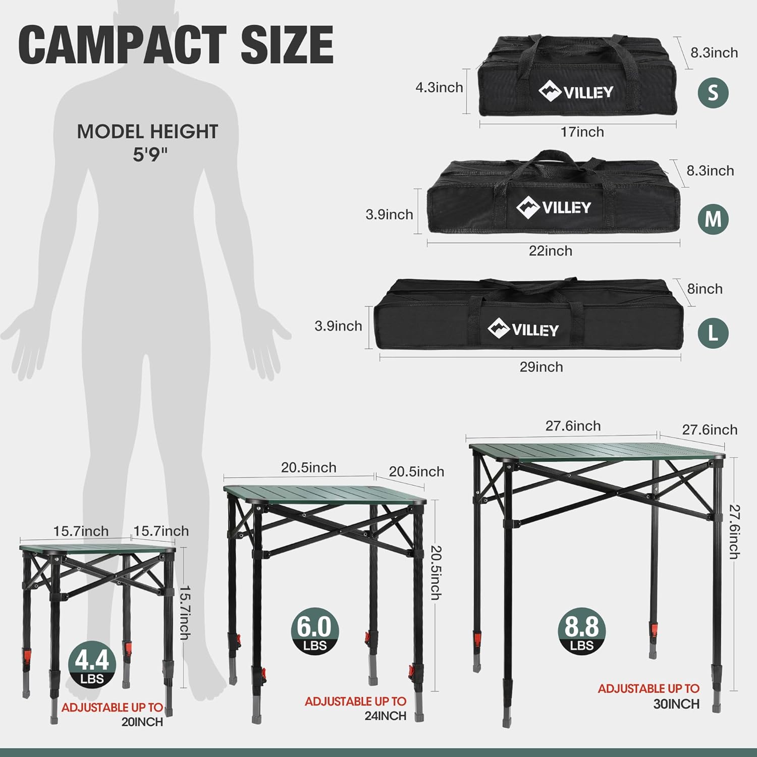 VILLEY Folding Camping Square Table with Carry Bag, Lightweight Aluminum Adjustable Square Table for Outdoor, Camping, Picnic, Backyards, BBQ, Small
