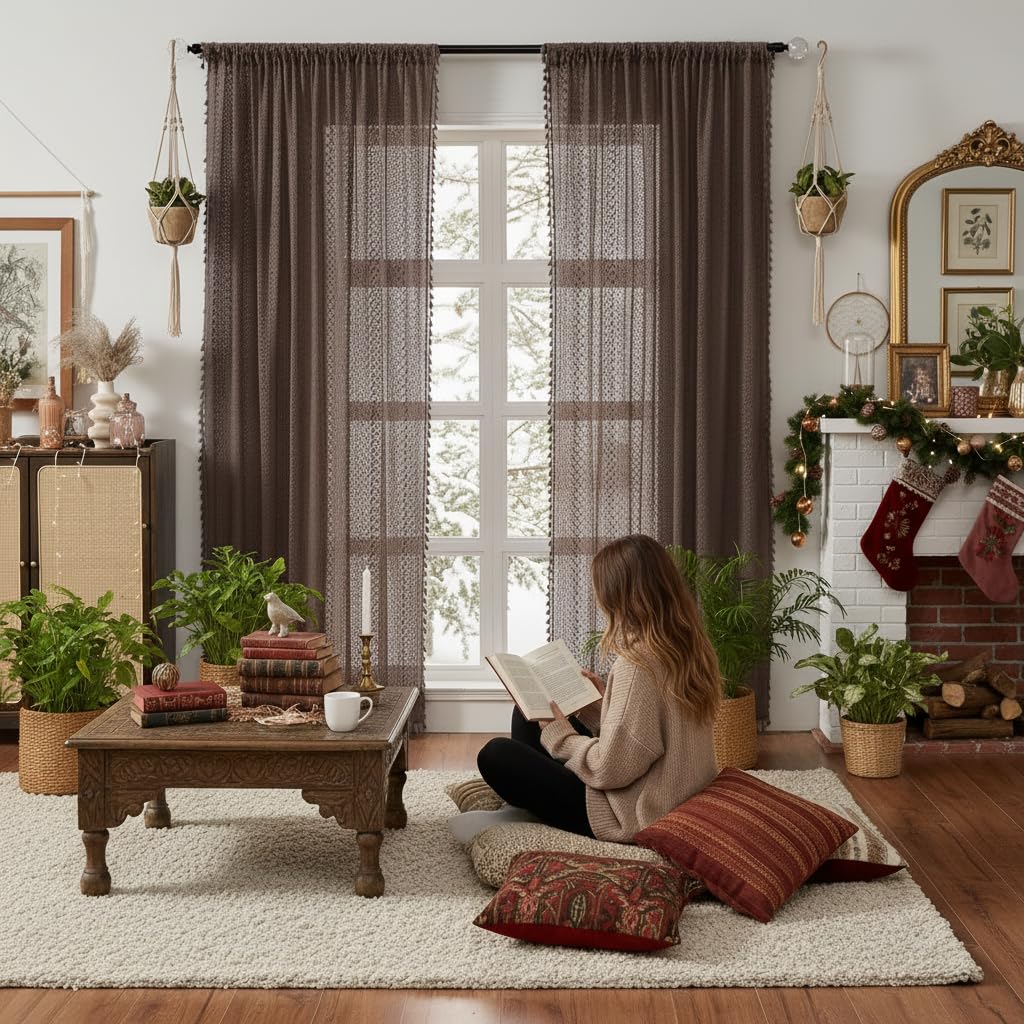 WAZZIO Boho Lace Curtains 108 Inch 2 Panel,Light Filtering Privacy Tassel & Geometry Crochet Semi Sheer Curtain Drapes for Bedroom Living Dining Room,Rod Pocket & Tassel,Vintage Farmhouse Decor,Beige