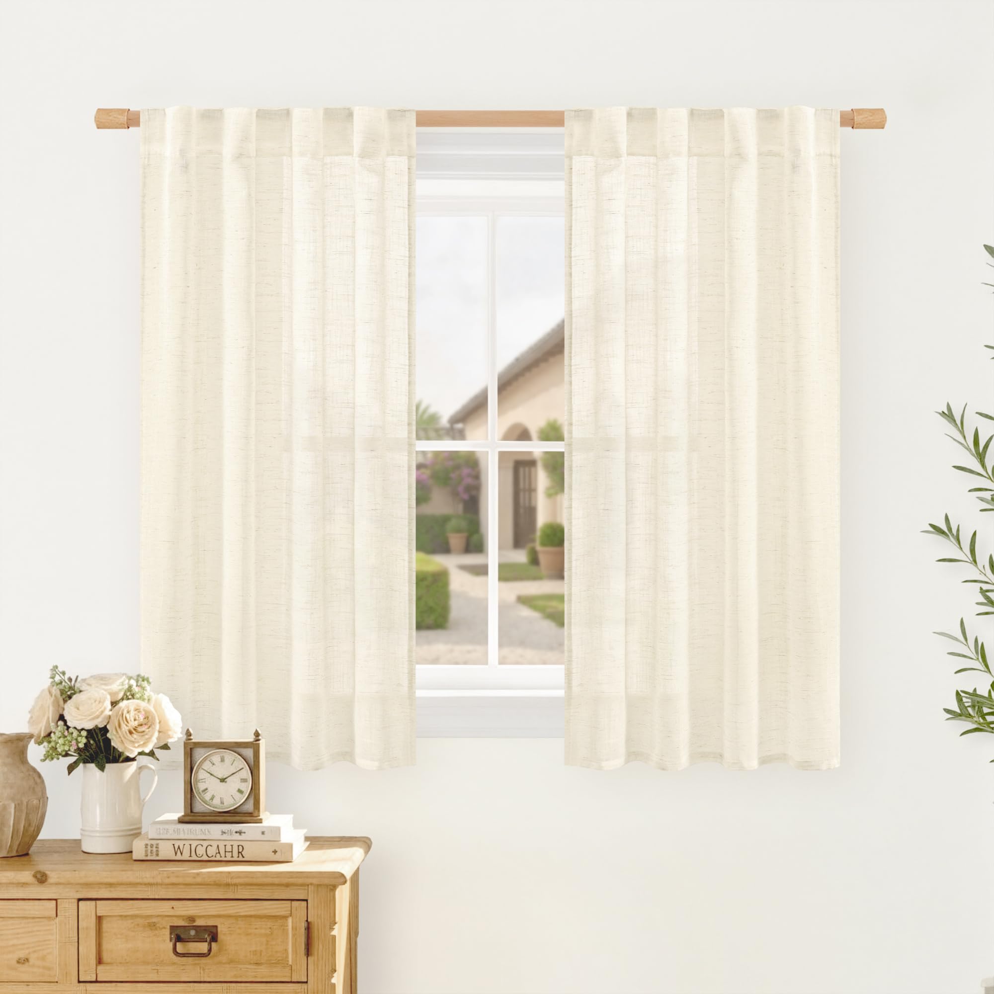 LAMIT Natural Linen Sheer Curtains 90 Inches Long 2 Panels, Long Light Filtering Window Treatments Back Tab and Rod Pocket Farmhouse Boho Panels for Living Room/Bedroom/Dining Room, 52 x 90 Inch