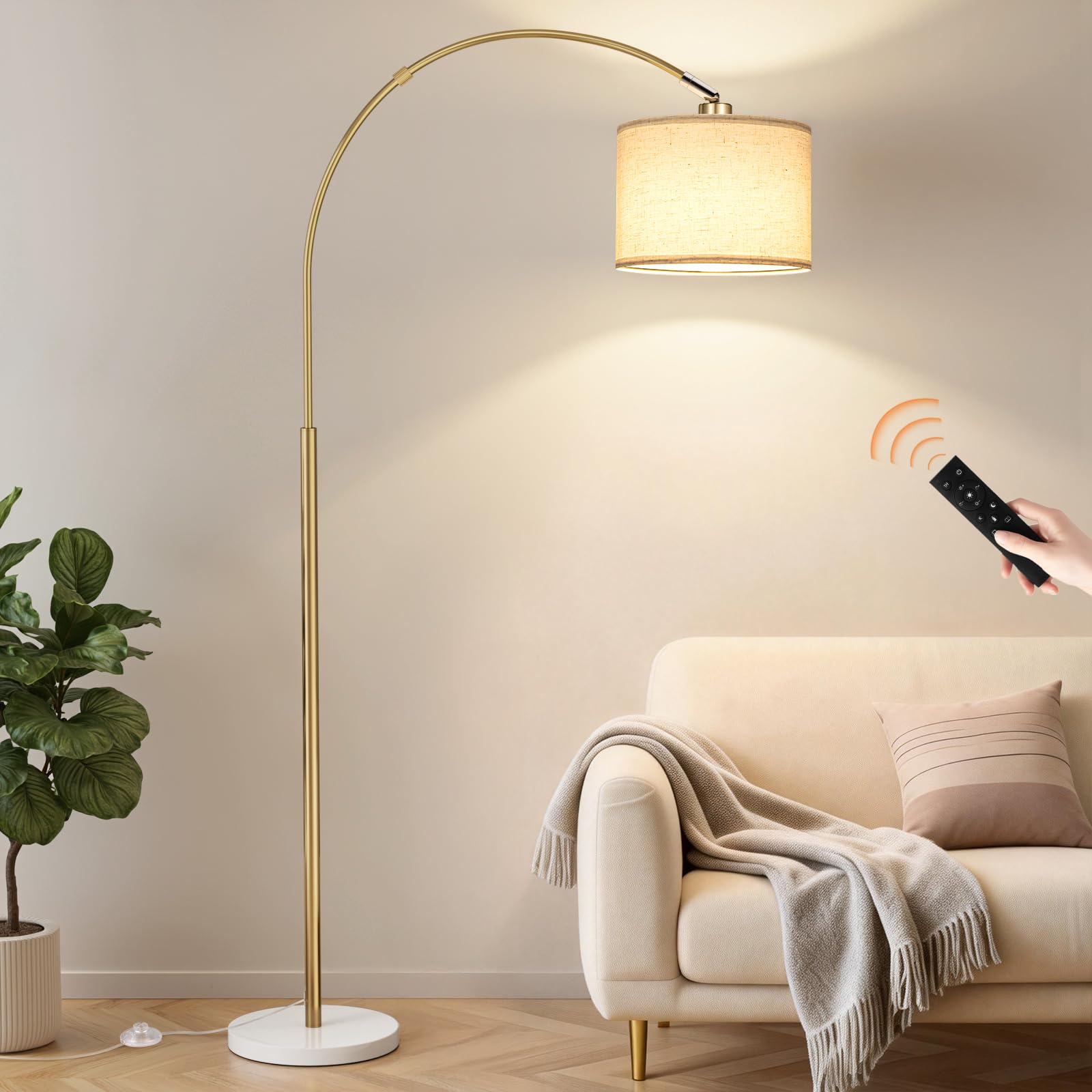 Ambimall 70 Dimmable Arc Floor Lamp with Remote, Color Temperatures and Brightness Adjustable, Arched Floor Lamp with Rotating Head, Over Couch Arched Light for Living Room (Deep Beige and Black)