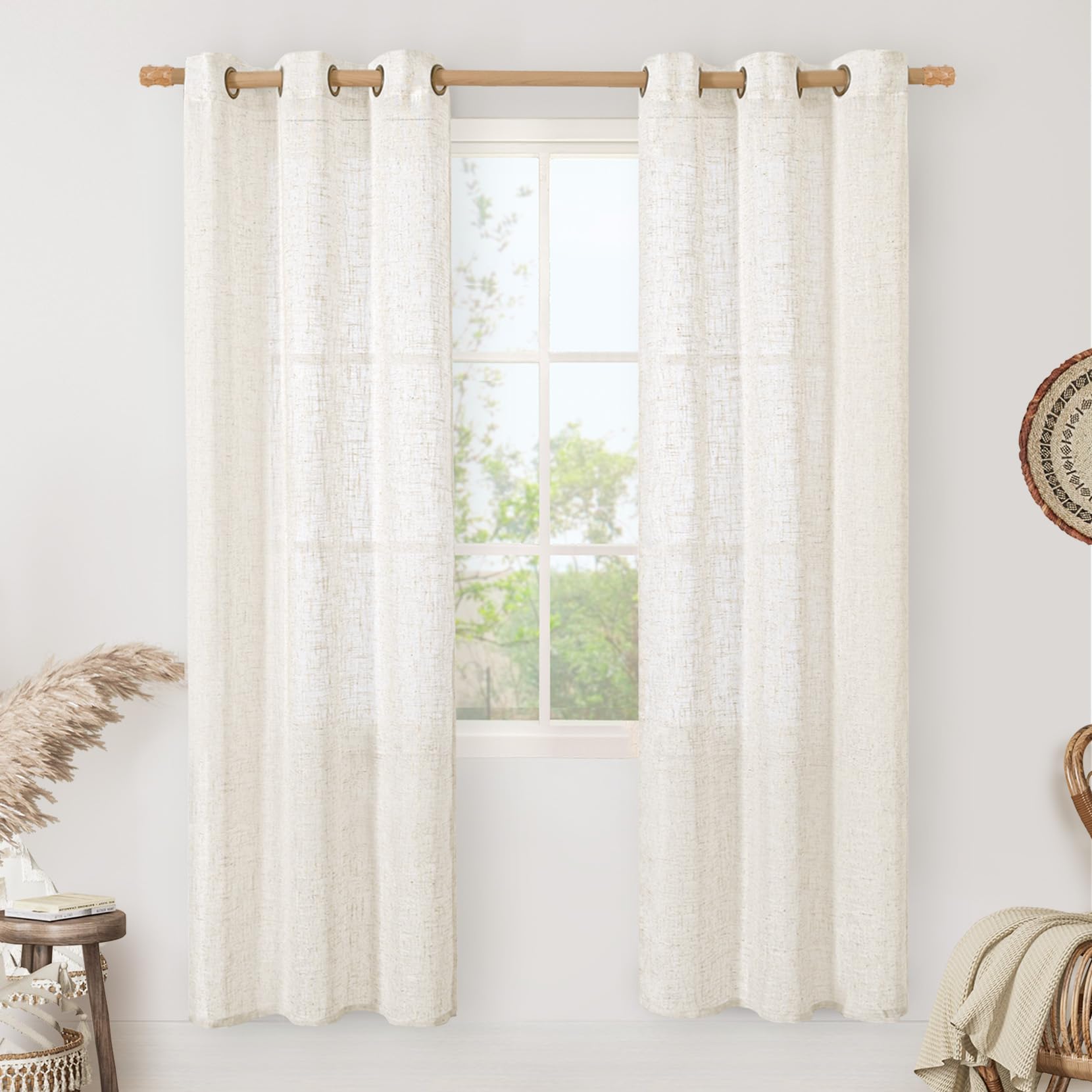 LAMIT Natural Cream Ivory Long Linen Curtains for Living Room, 108 inches Long Bronze Grommet Light Filtering Window Textured Neutral Sheer Drapes for Bedroom Farmhouse, 2 Panels, 52 x 108 Inch