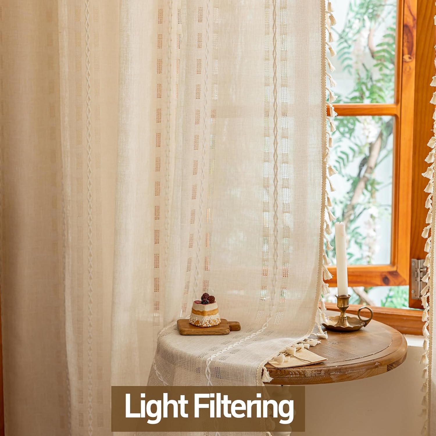 Natural Boho Semi Sheer Curtains 63 inch Length 2 Panel Set for Bedroom & Farmhouse, Bohemian Beige Light Filtering Privacy Drapes Tassels Shabby Chic Embroidery Window Curtains Back Tab & Rod pocket