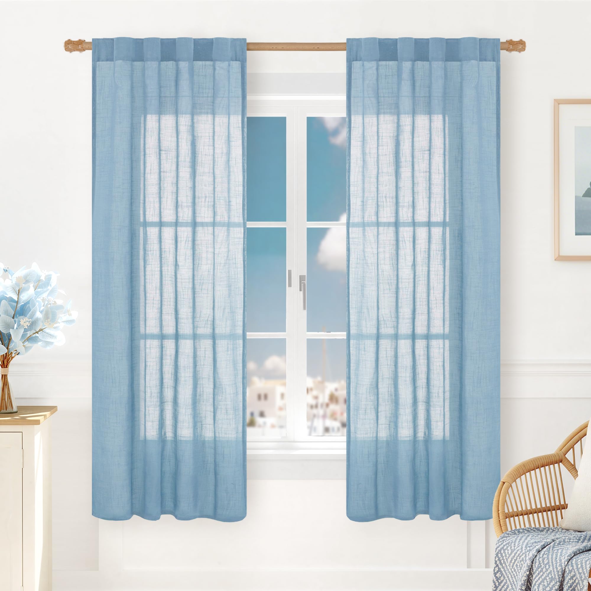 LAMIT Natural Linen Sheer Curtains 90 Inches Long 2 Panels, Long Light Filtering Window Treatments Back Tab and Rod Pocket Farmhouse Boho Panels for Living Room/Bedroom/Dining Room, 52 x 90 Inch