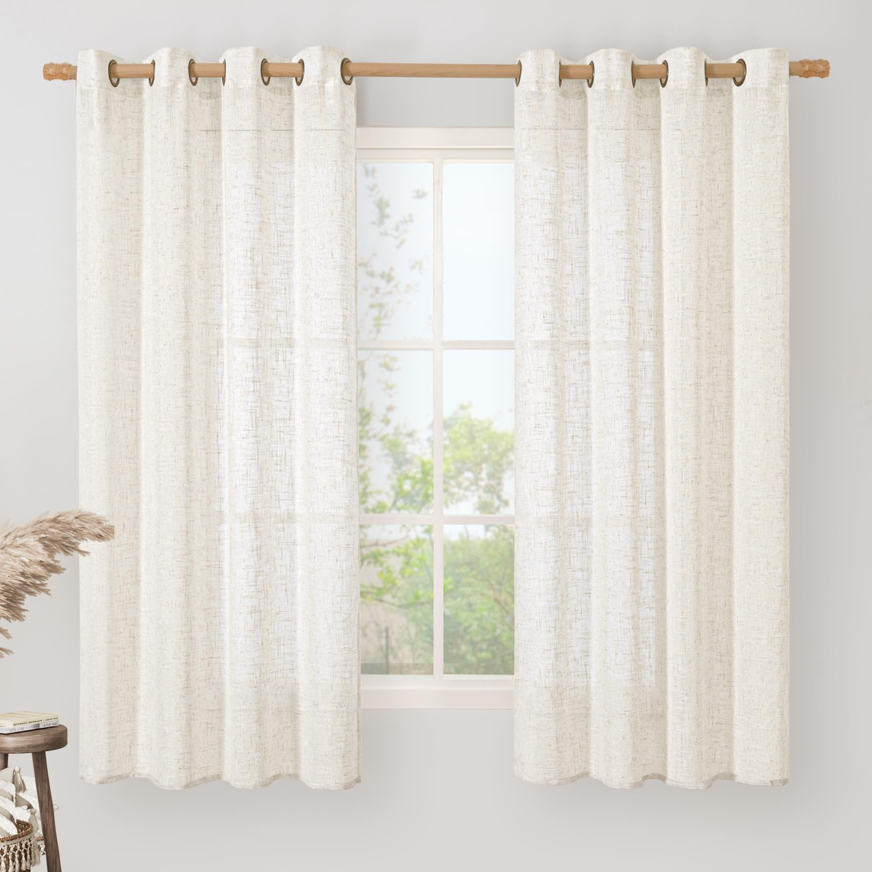LAMIT Natural Cream Ivory Long Linen Curtains for Living Room, 108 inches Long Bronze Grommet Light Filtering Window Textured Neutral Sheer Drapes for Bedroom Farmhouse, 2 Panels, 52 x 108 Inch