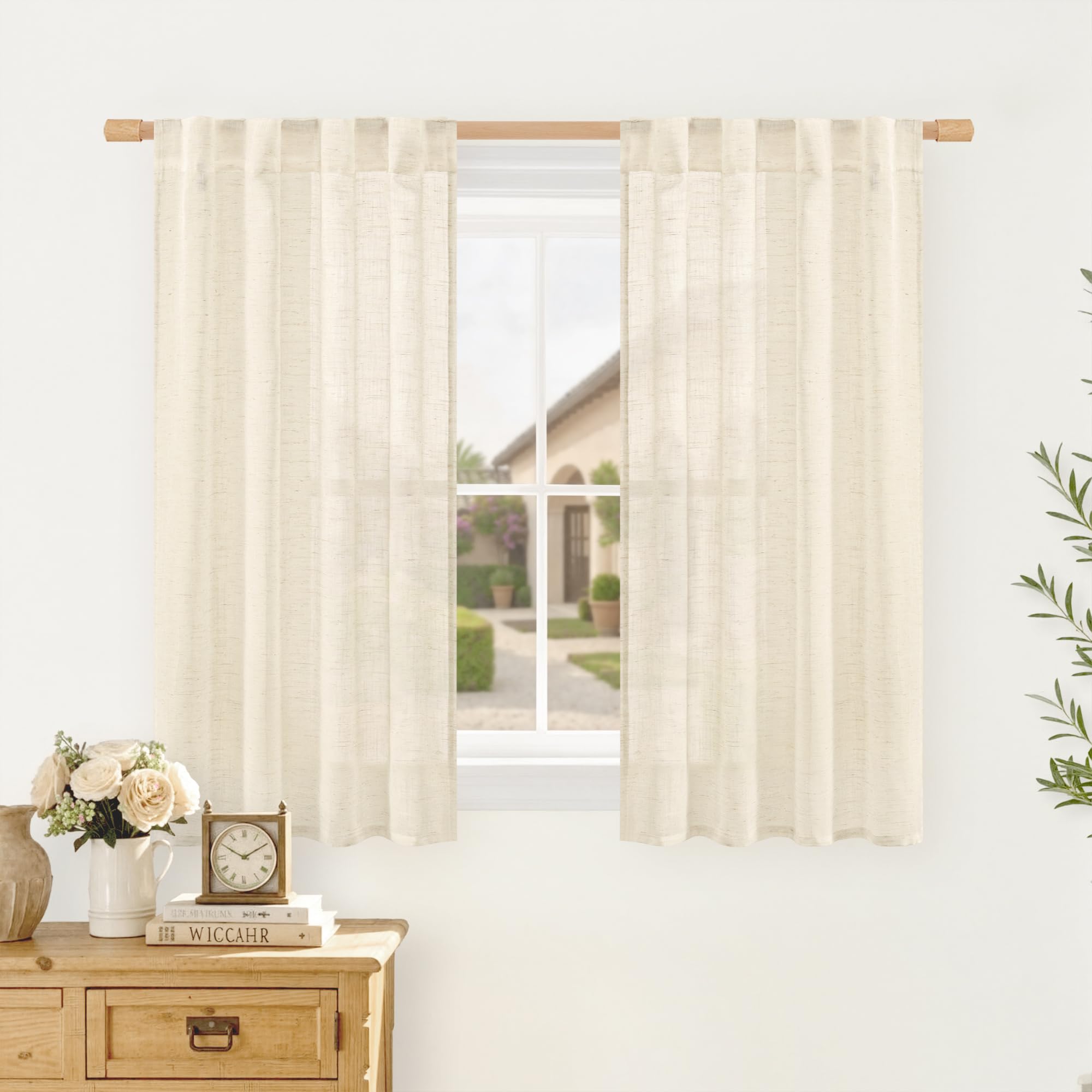 LAMIT Natural Linen Sheer Curtains 90 Inches Long 2 Panels, Long Light Filtering Window Treatments Back Tab and Rod Pocket Farmhouse Boho Panels for Living Room/Bedroom/Dining Room, 52 x 90 Inch