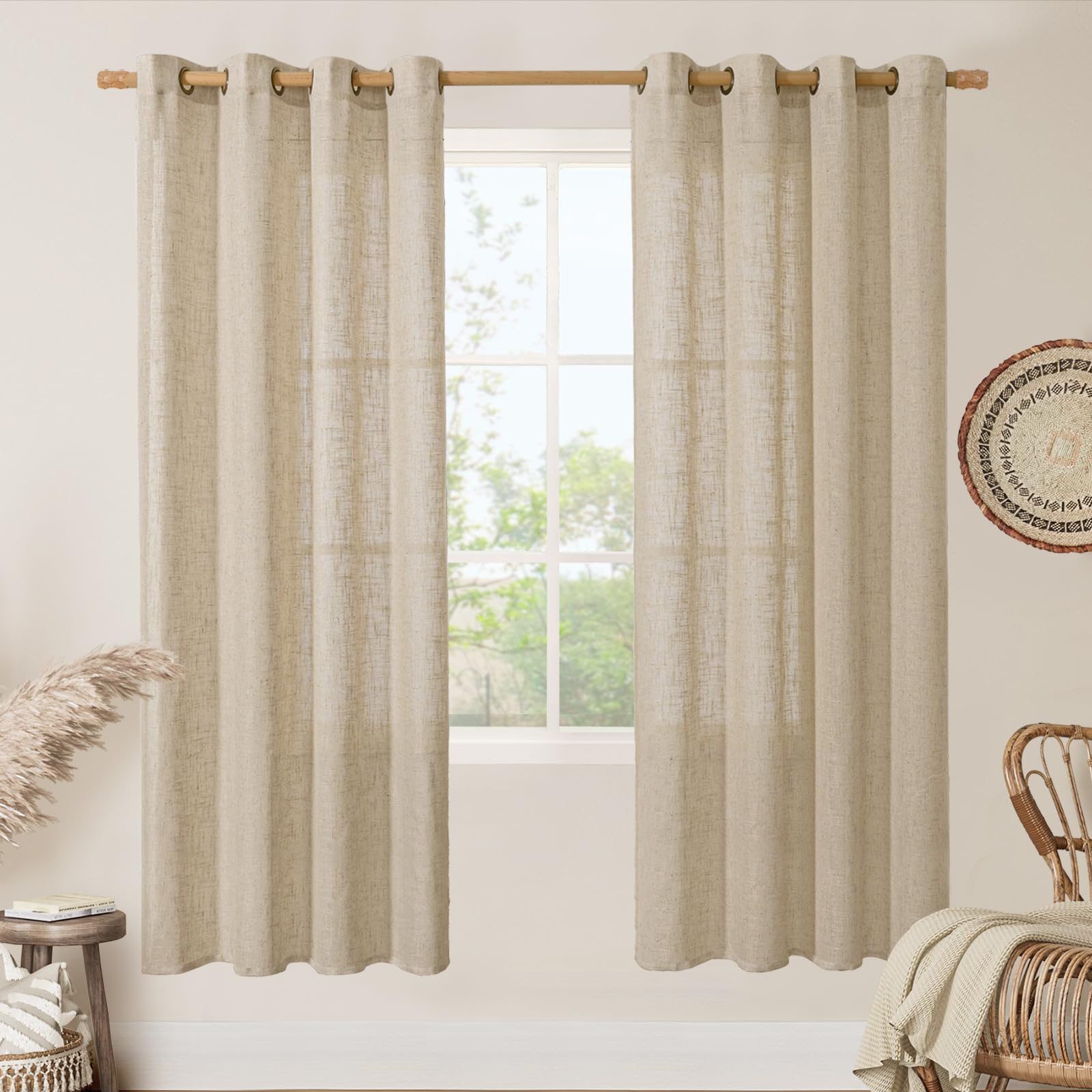 LAMIT Natural Cream Ivory Long Linen Curtains for Living Room, 108 inches Long Bronze Grommet Light Filtering Window Textured Neutral Sheer Drapes for Bedroom Farmhouse, 2 Panels, 52 x 108 Inch