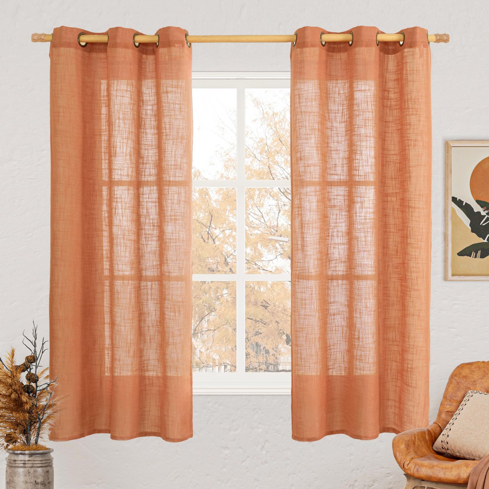 LAMIT Natural Cream Ivory Long Linen Curtains for Living Room, 108 inches Long Bronze Grommet Light Filtering Window Textured Neutral Sheer Drapes for Bedroom Farmhouse, 2 Panels, 52 x 108 Inch