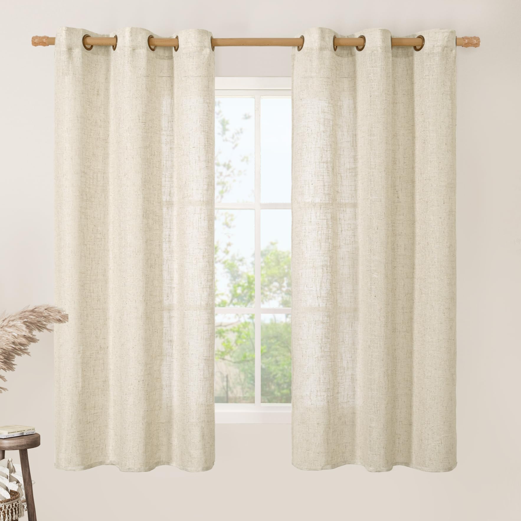 LAMIT Natural Cream Ivory Long Linen Curtains for Living Room, 108 inches Long Bronze Grommet Light Filtering Window Textured Neutral Sheer Drapes for Bedroom Farmhouse, 2 Panels, 52 x 108 Inch
