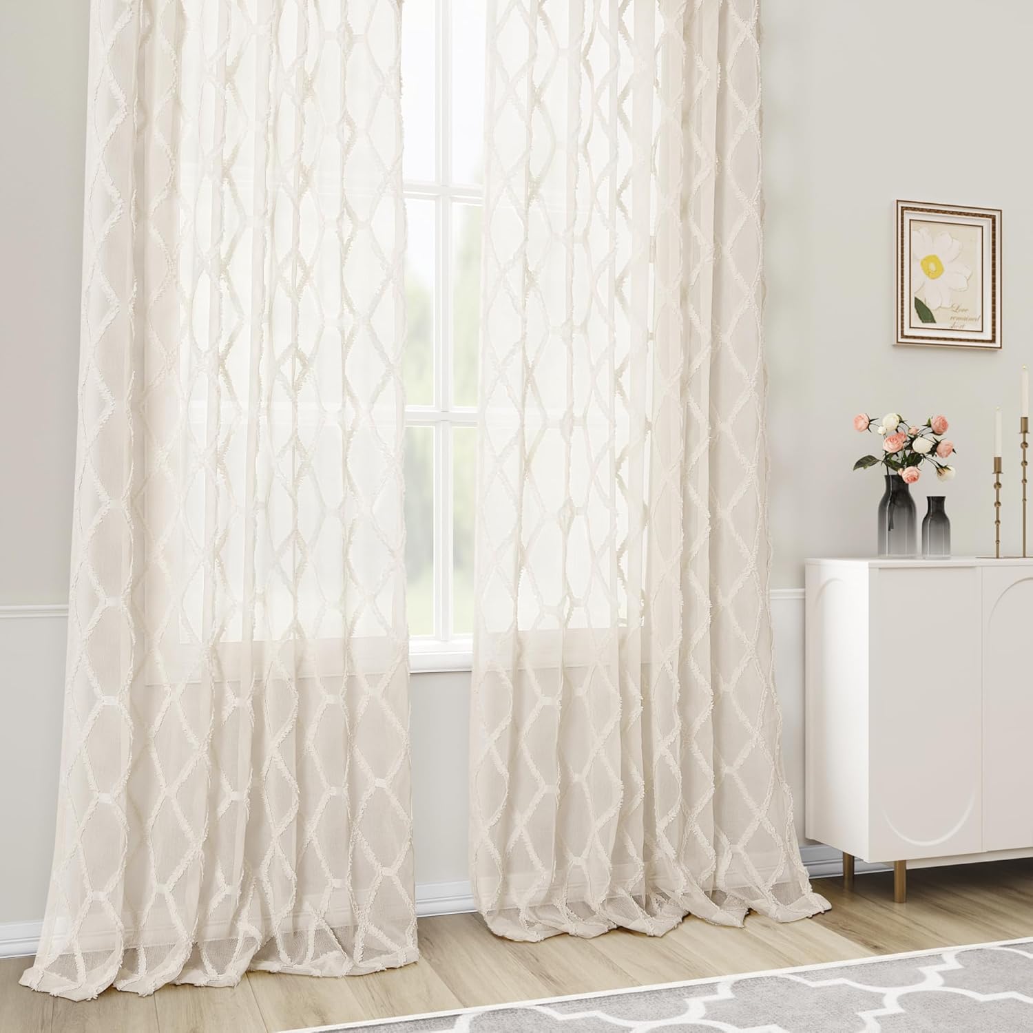 108" Beige Linen Sheer Curtains, 2 Panels, Tuft Pattern for Living Room & Bedroom