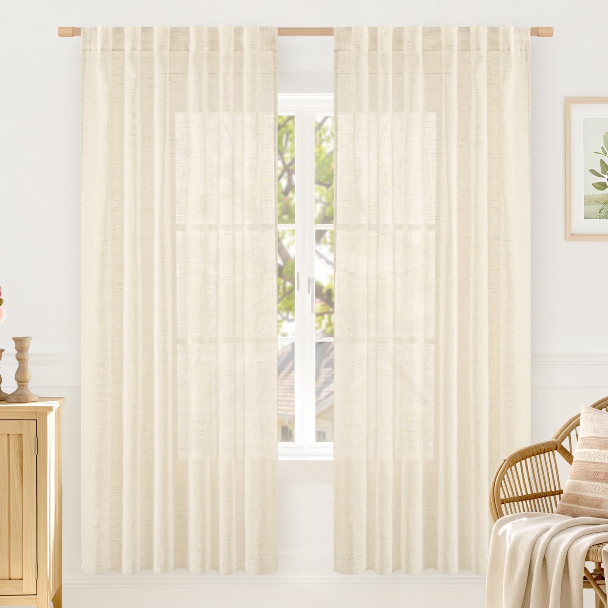 LAMIT Natural Linen Sheer Curtains 90 Inches Long 2 Panels, Long Light Filtering Window Treatments Back Tab and Rod Pocket Farmhouse Boho Panels for Living Room/Bedroom/Dining Room, 52 x 90 Inch