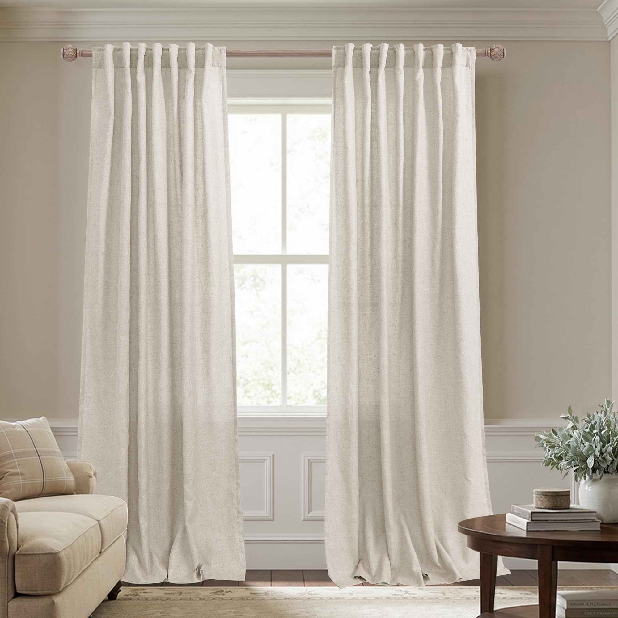KOUFALL 92 Inch Curtains for Living Room 2 Panels Set,Light Filtering Farmhouse Boho Linen Semi Sheer Curtain Drapes 92 Inches Long for Bedroom,Cream Ivory