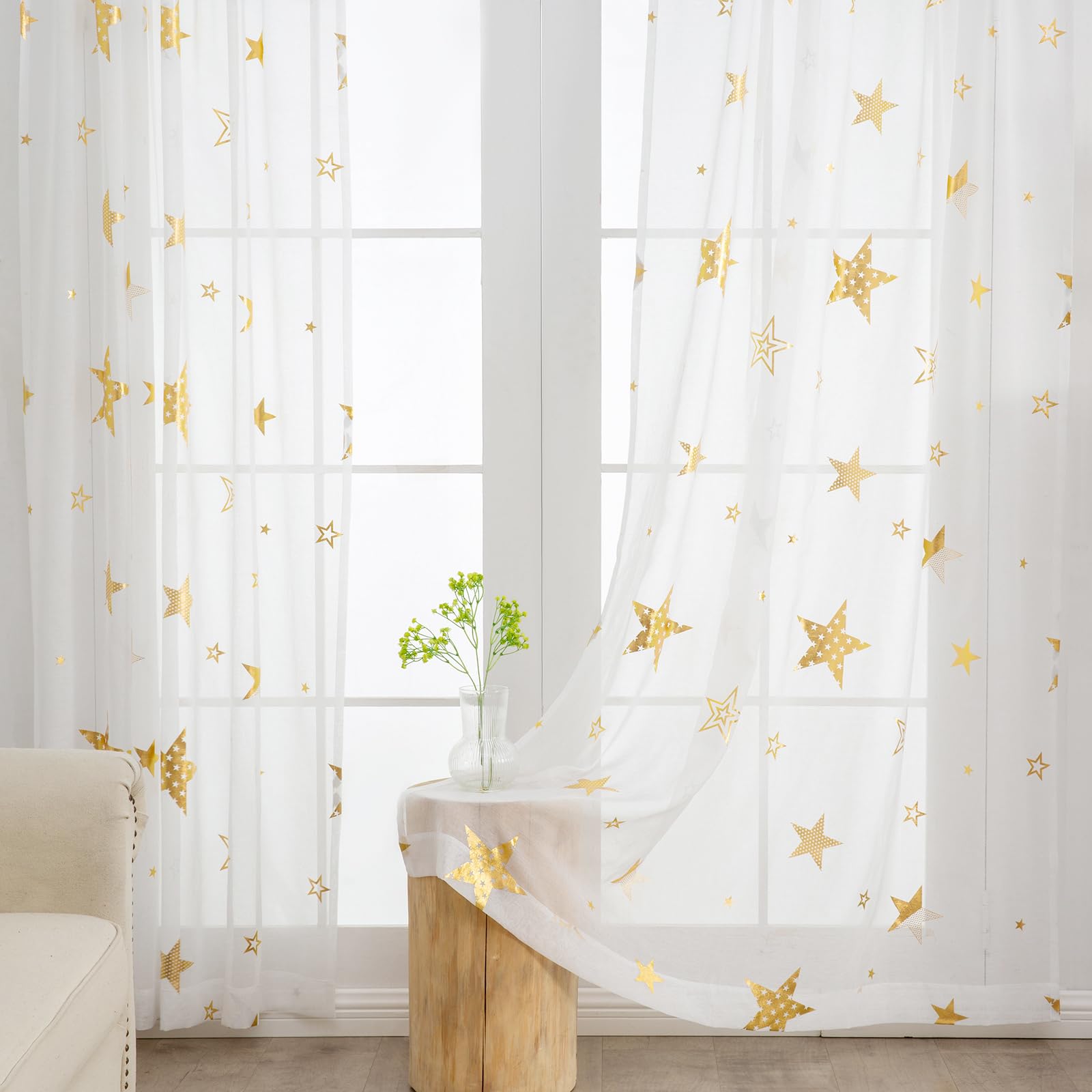 L.Z.E Gold White Sheer Curtains 108 Inches Long 2 Panels Set for Living Room Bedroom See Through Sheer Curtains Grommet Top Transparent Sheers with Wave Pattern Extra Long