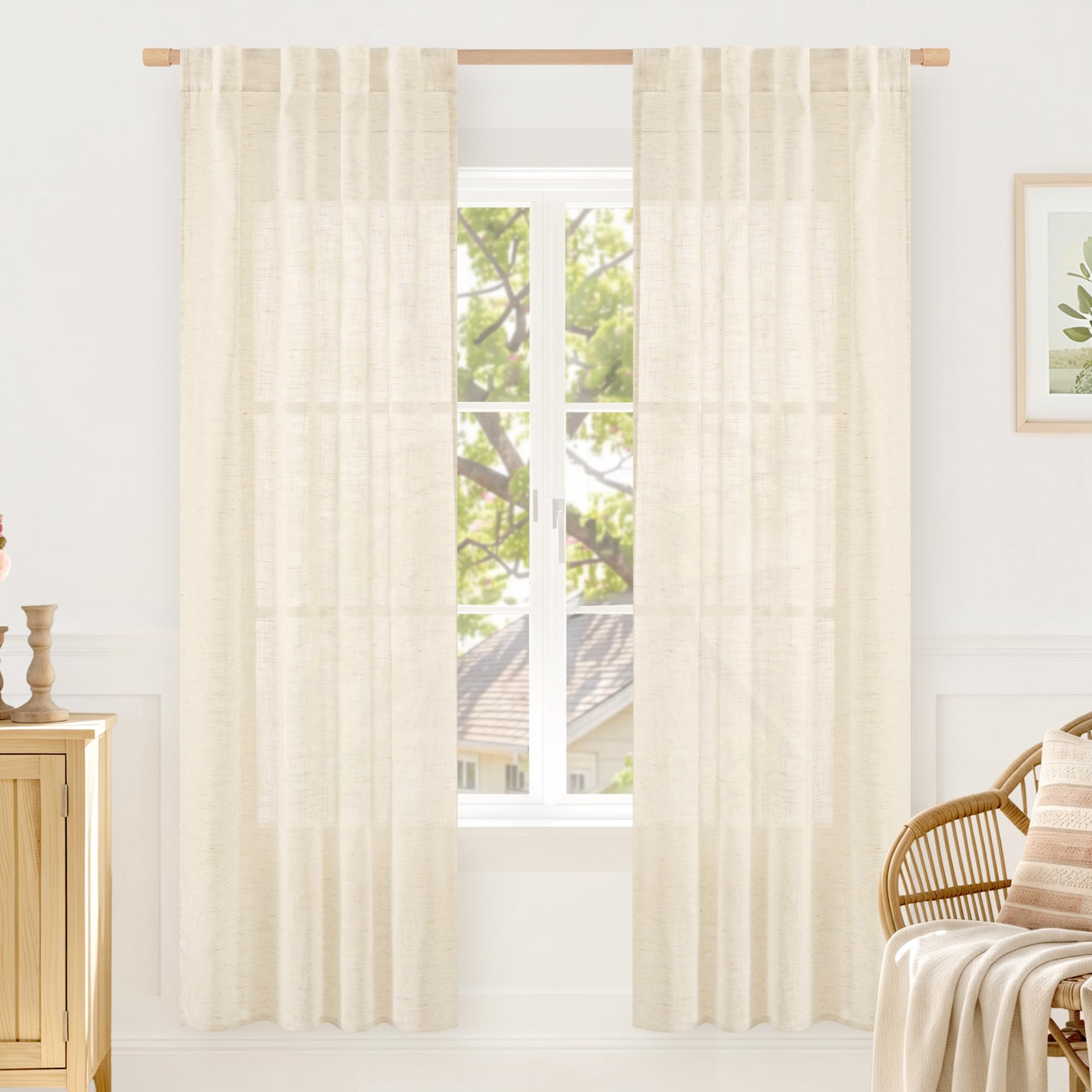 LAMIT Natural Linen Sheer Curtains 90 Inches Long 2 Panels, Long Light Filtering Window Treatments Back Tab and Rod Pocket Farmhouse Boho Panels for Living Room/Bedroom/Dining Room, 52 x 90 Inch