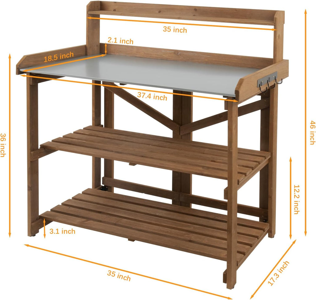 Ketive Folding Potting Bench Table,Outdoor Potting Bench Garden Wooden Potting Table,Fir Wood Workstation Planting Table with Galvanized Tabletop,2 Tier Storage Shelves,Top Shelf(Brown)