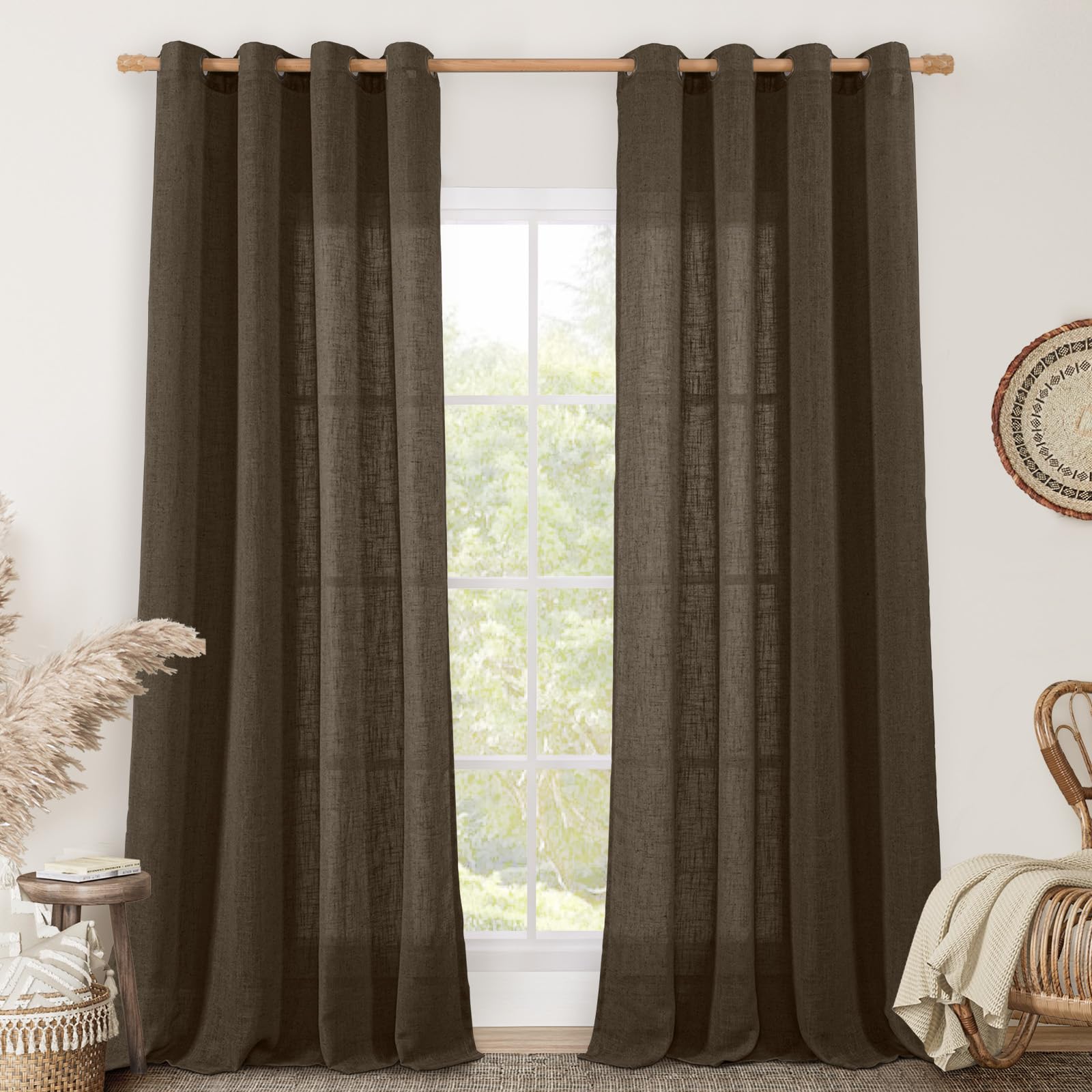 LAMIT Natural Cream Ivory Long Linen Curtains for Living Room, 108 inches Long Bronze Grommet Light Filtering Window Textured Neutral Sheer Drapes for Bedroom Farmhouse, 2 Panels, 52 x 108 Inch