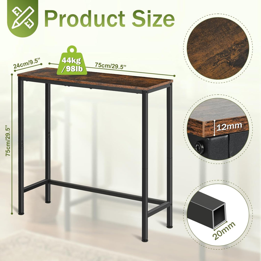 Sturdy Console Table with 98 lb Capacity, Stable Wobble-Free Design for Living Room and Entryway, Heavy Duty Metal Frame, Easy Assembly, 29.5 Inch Narrow Sofa Table, Rustic Brown