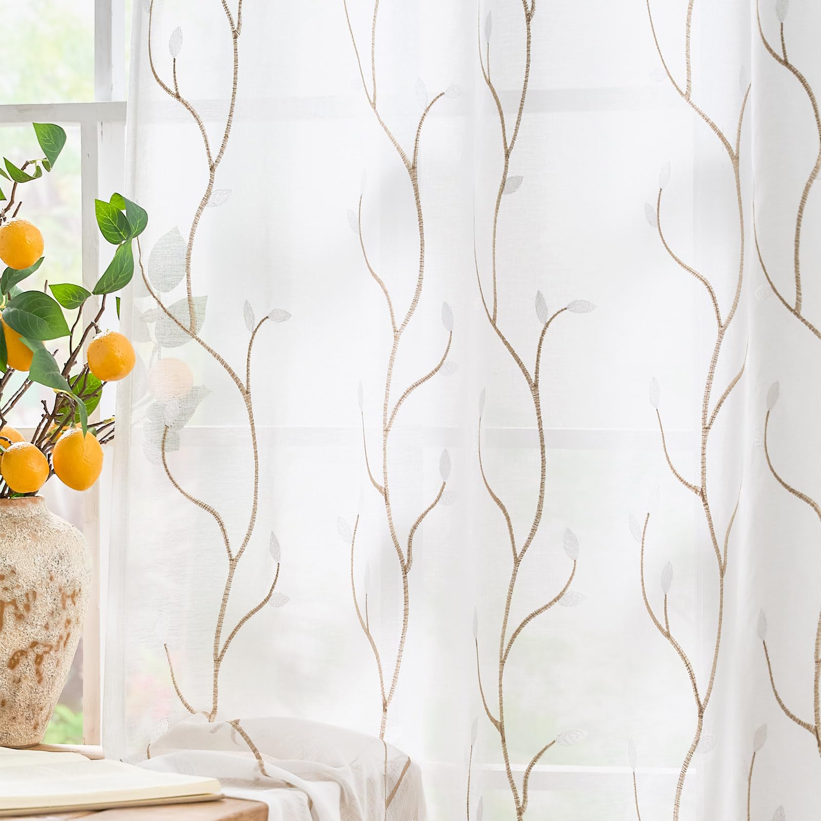 jinchan Sheer Curtains for Bedroom 84 Inch Length Leaf Embroidered Semi Sheers for Living Room Botanical Embroidery Voile Transparent Grommet Window Treatments Taupe 2 Panels
