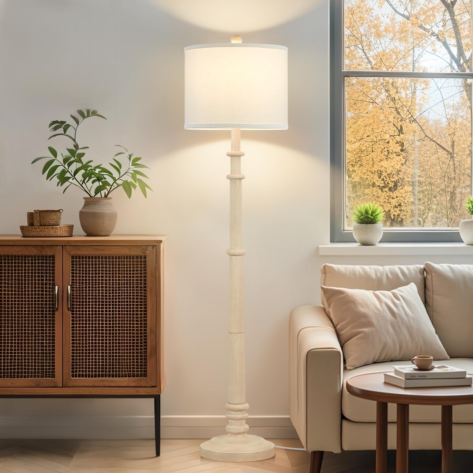 Floor Lamps for Living Room - 60" Resin Farmhouse Floor Lamp with Adjustable Color Temperatures - Vintage Standing Lamp Reading Light with Linen Shade Retro Tall Lamp for Bedroom Office, Black