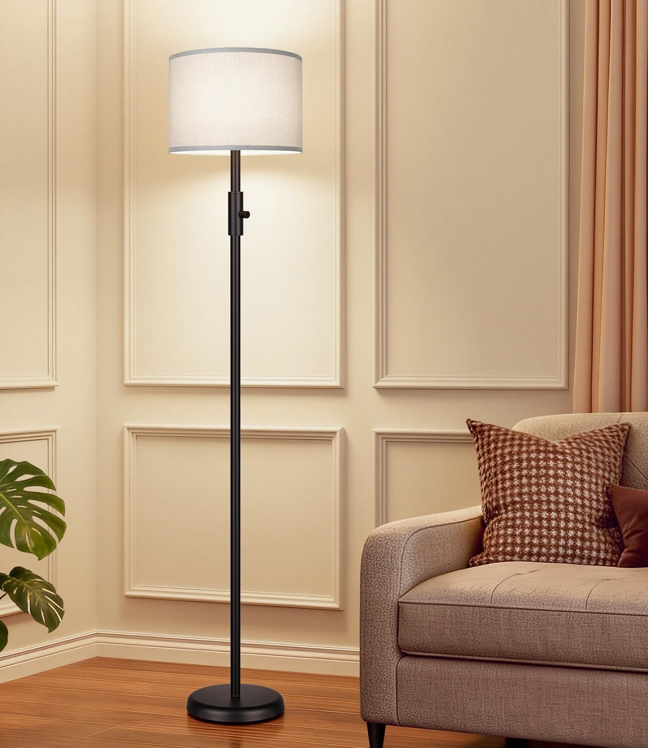 【Upgraded】 Dimmable Floor Lamp for Living Room,1000 Lumens Bulb Included, Modern Floor Lamps Simple Design with Linen Shade, Tall Standing Lamp for Bedroom Office Dining Room, Black Pole Lamp