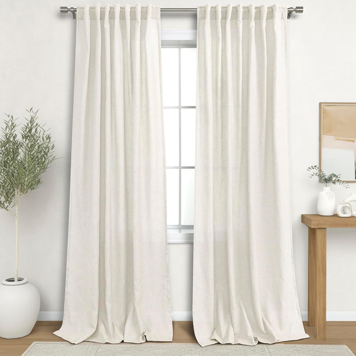 KOUFALL 92 Inch Curtains for Living Room 2 Panels Set,Light Filtering Farmhouse Boho Linen Semi Sheer Curtain Drapes 92 Inches Long for Bedroom,Cream Ivory